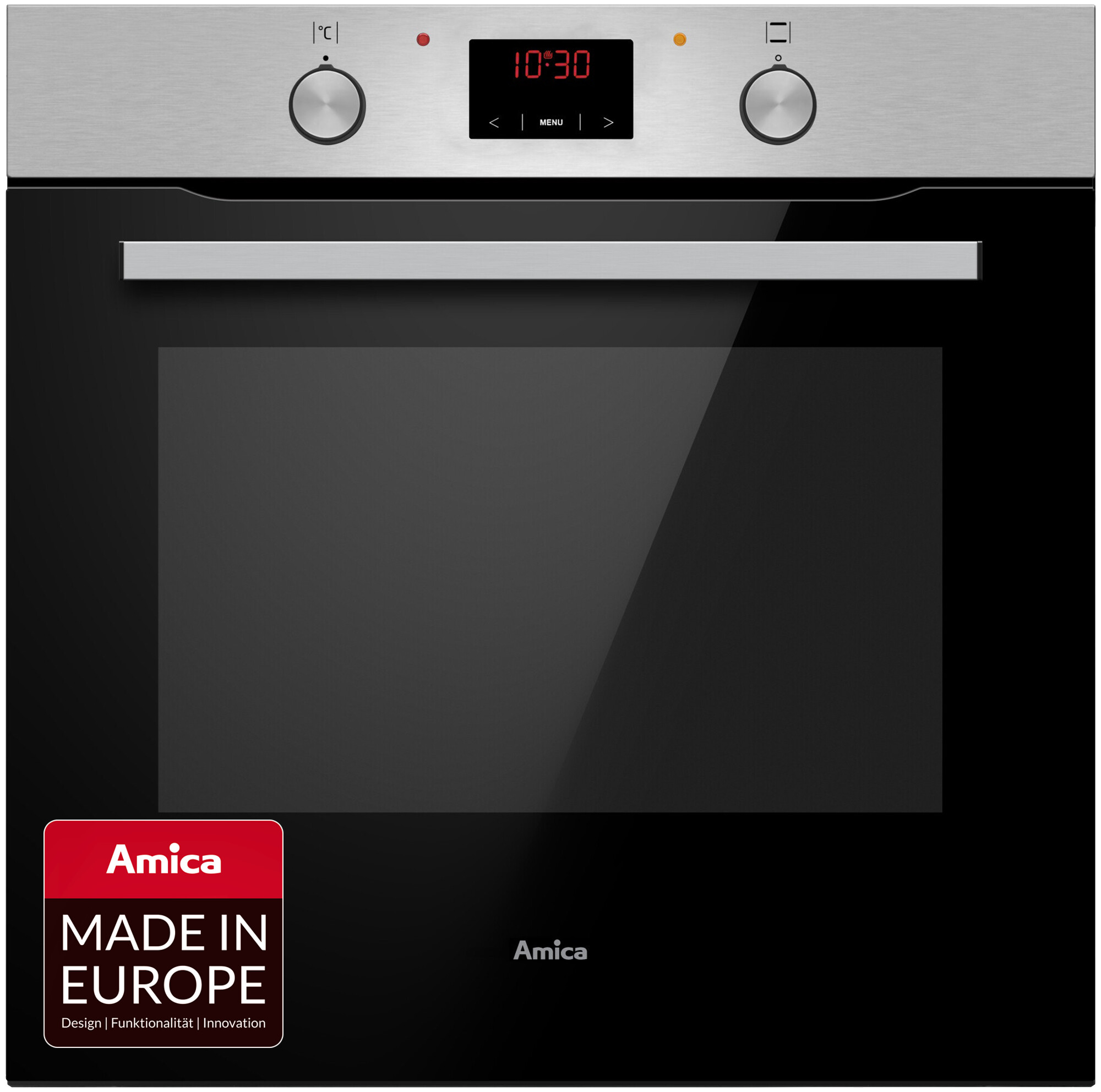 Edelstahlofen mit schwarzer Glastür, Marke Amica, Digitalanzeige. Aufkleber "Made in Europe".