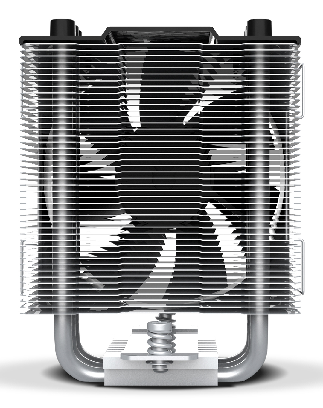 Schwarzer CPU-Kühler mit Lüfter und Kühlkörper. Vorderansicht. Silberne Kühlrippen.