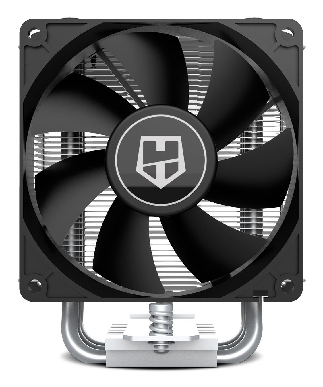 Schwarzer CPU-Kühler mit Lüfter. Zentriertes Logo auf dem Lüfter. Kühlkörper unten.