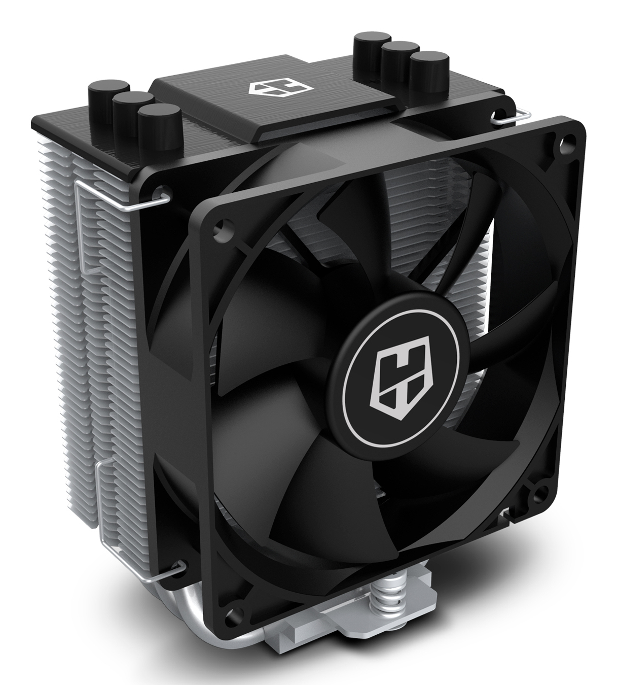 Schwarzer CPU-Kühler mit Lüfter und Kühlkörper. Draufsicht, abgewinkelt. Silberne Kühlrippen.