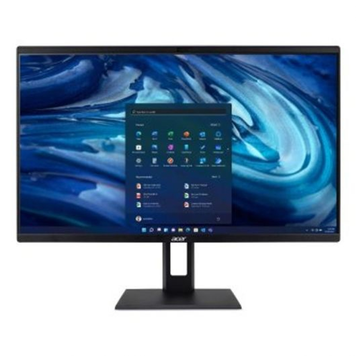 Monitor Acer negro mostrando Windows. Soporte y base negros. Fondo azul abstracto.