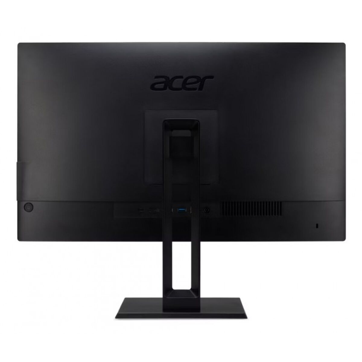 Monitor de computadora negro. Logotipo de Acer arriba. Soporte y base negros. Vista trasera.