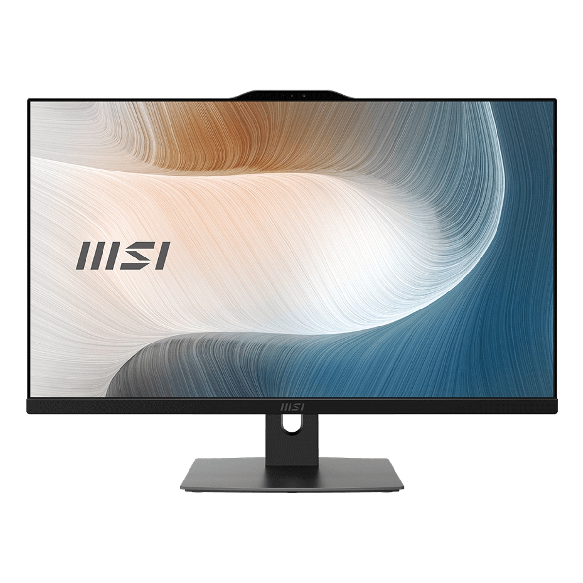 Monitor MSI nero. Lo schermo mostra un design astratto bianco e blu. Base nera.