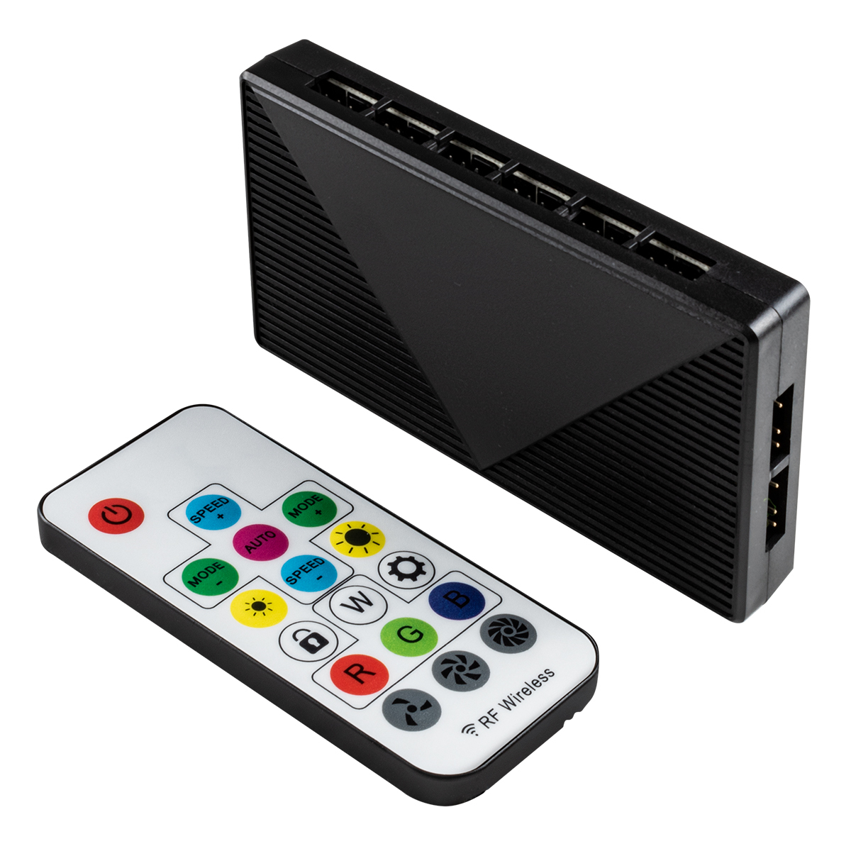 Controller nero con porte USB e telecomando bianco. Telecomando con pulsanti colore e funzione.