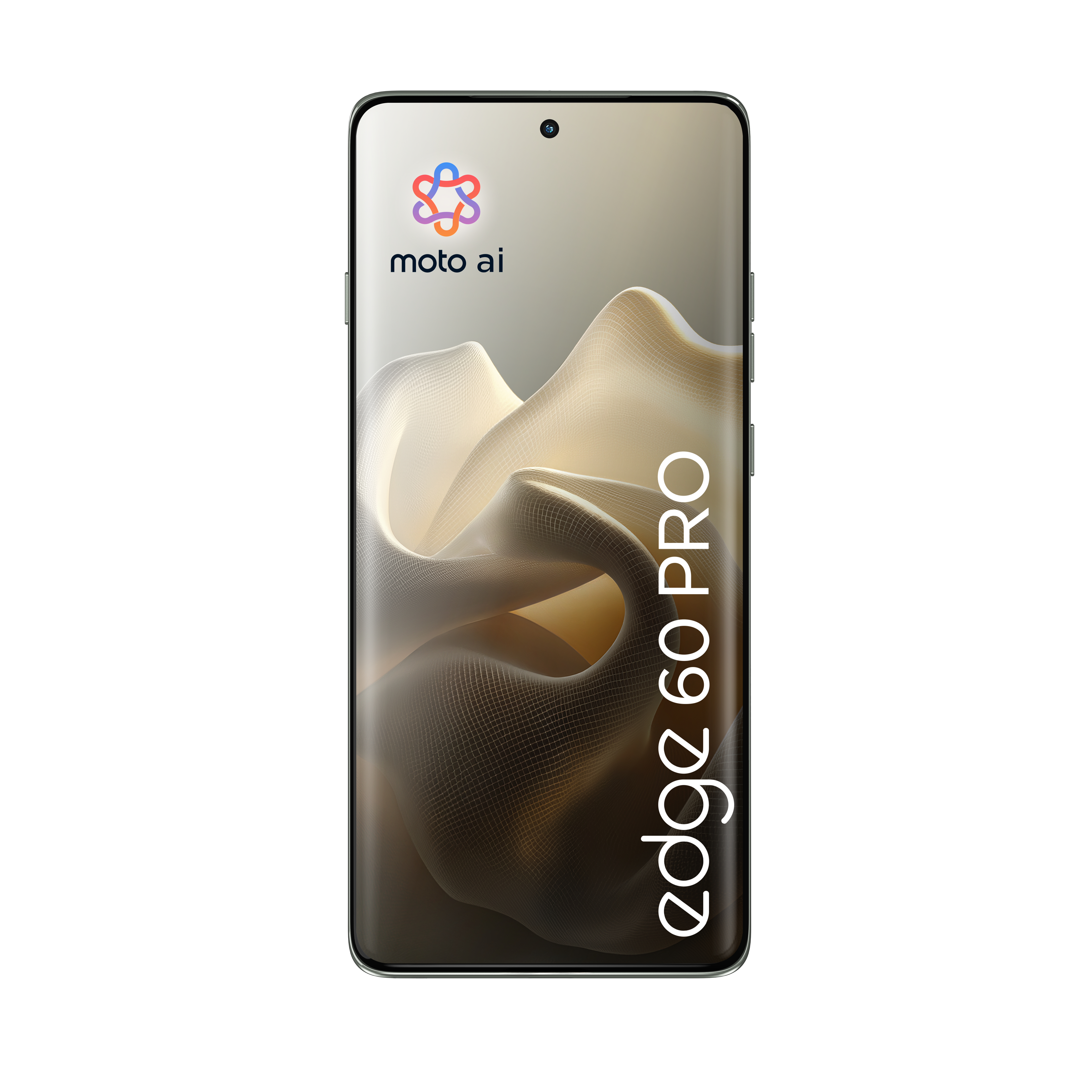 Motorola Edge 60 Pro phone front view. The screen shows the moto ai logo, edge 60 Pro text, with a wavy background.