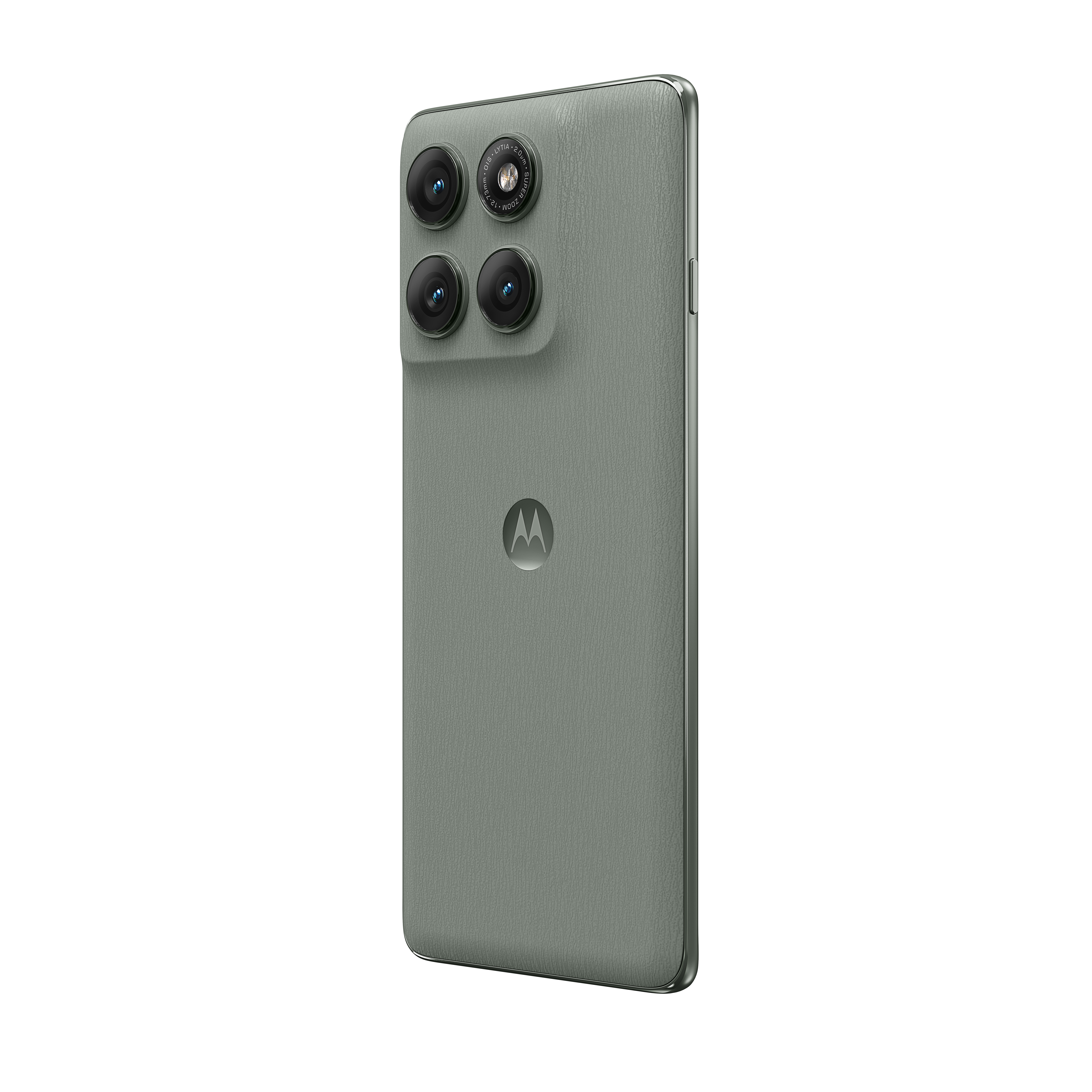 Green Motorola phone back view with four cameras, Motorola logo, and textured surface, angled slightly right.