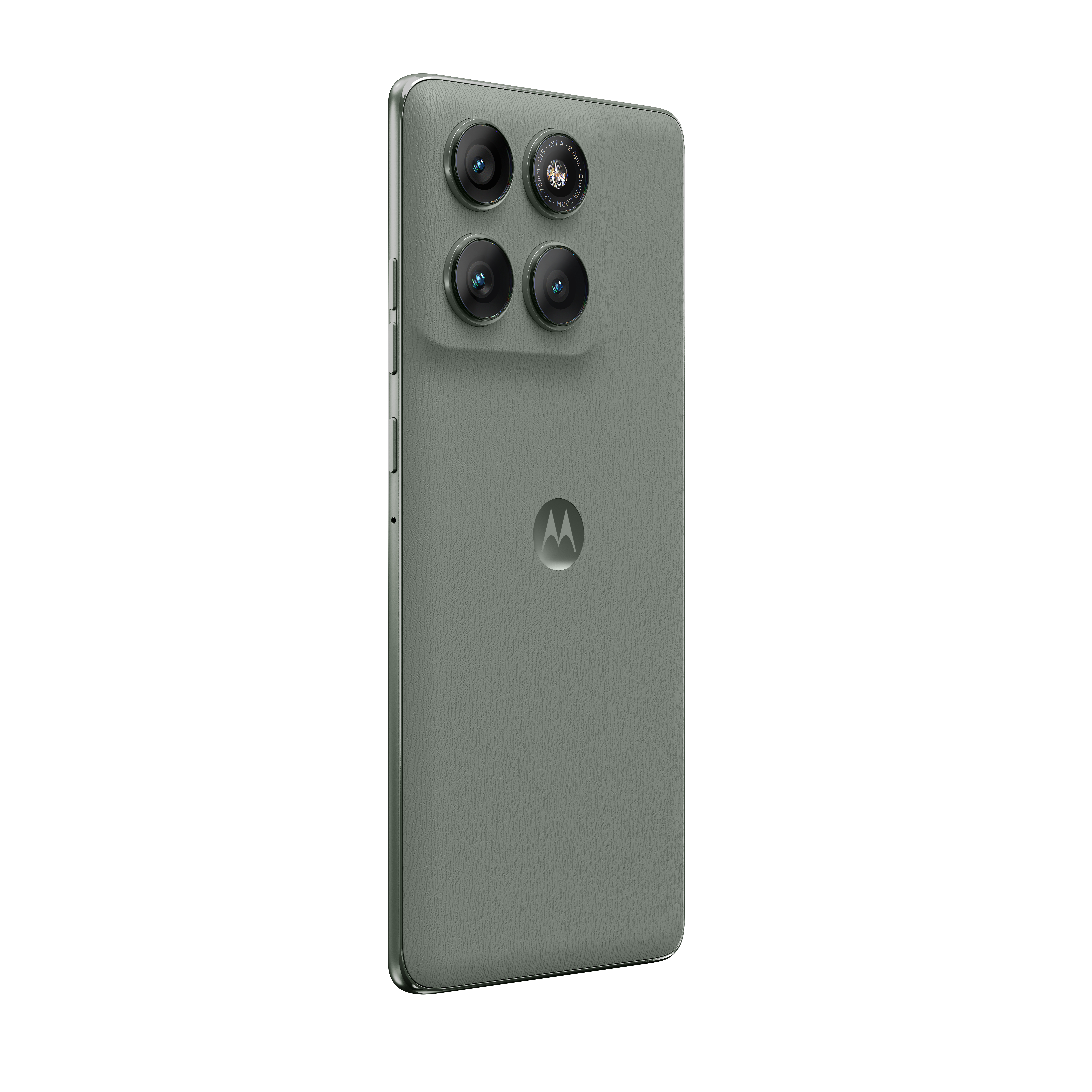 Back view of a green Motorola phone with four camera lenses, the Motorola logo and a textured finish.