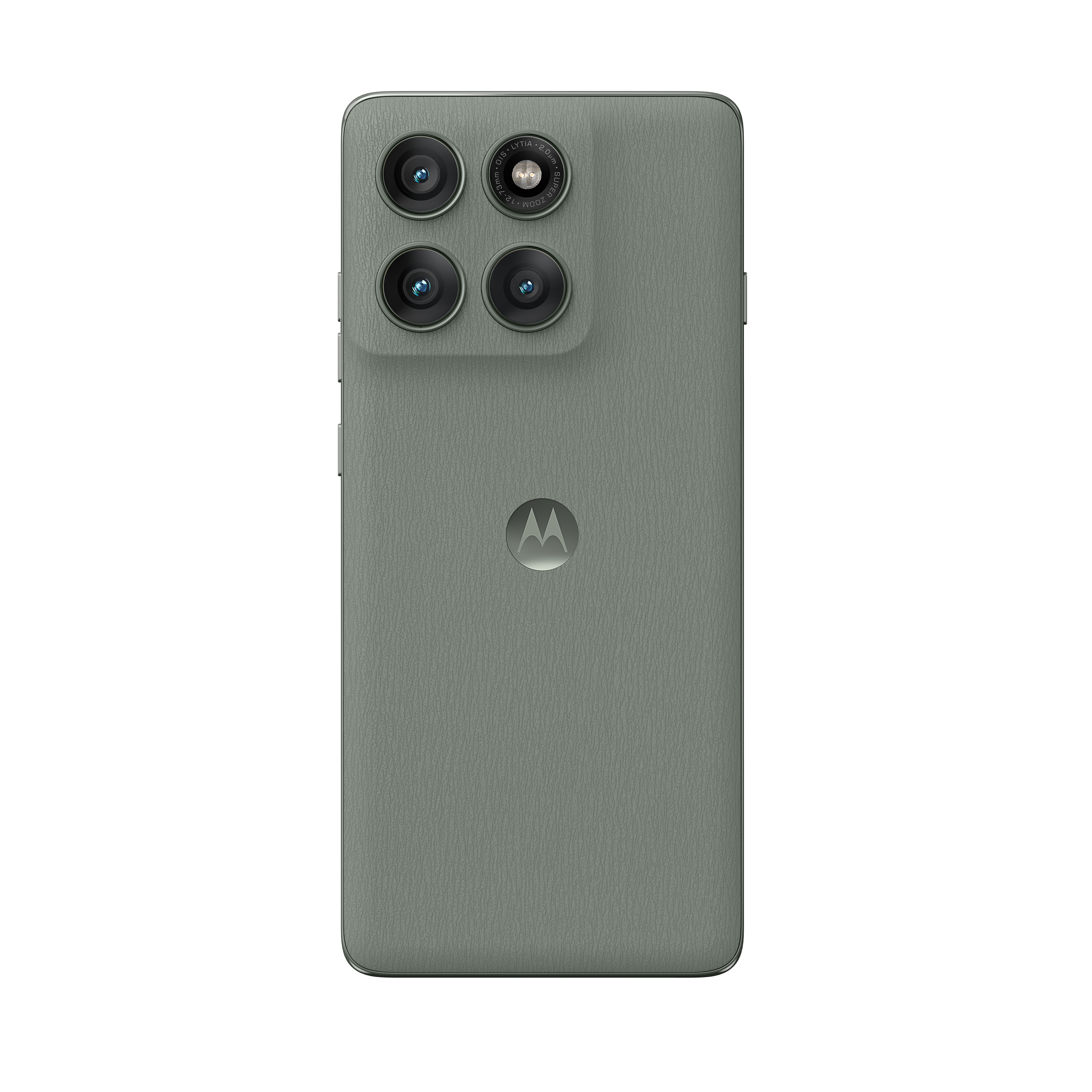 Back view of a green Motorola phone with four cameras, the Motorola logo, and a textured surface.