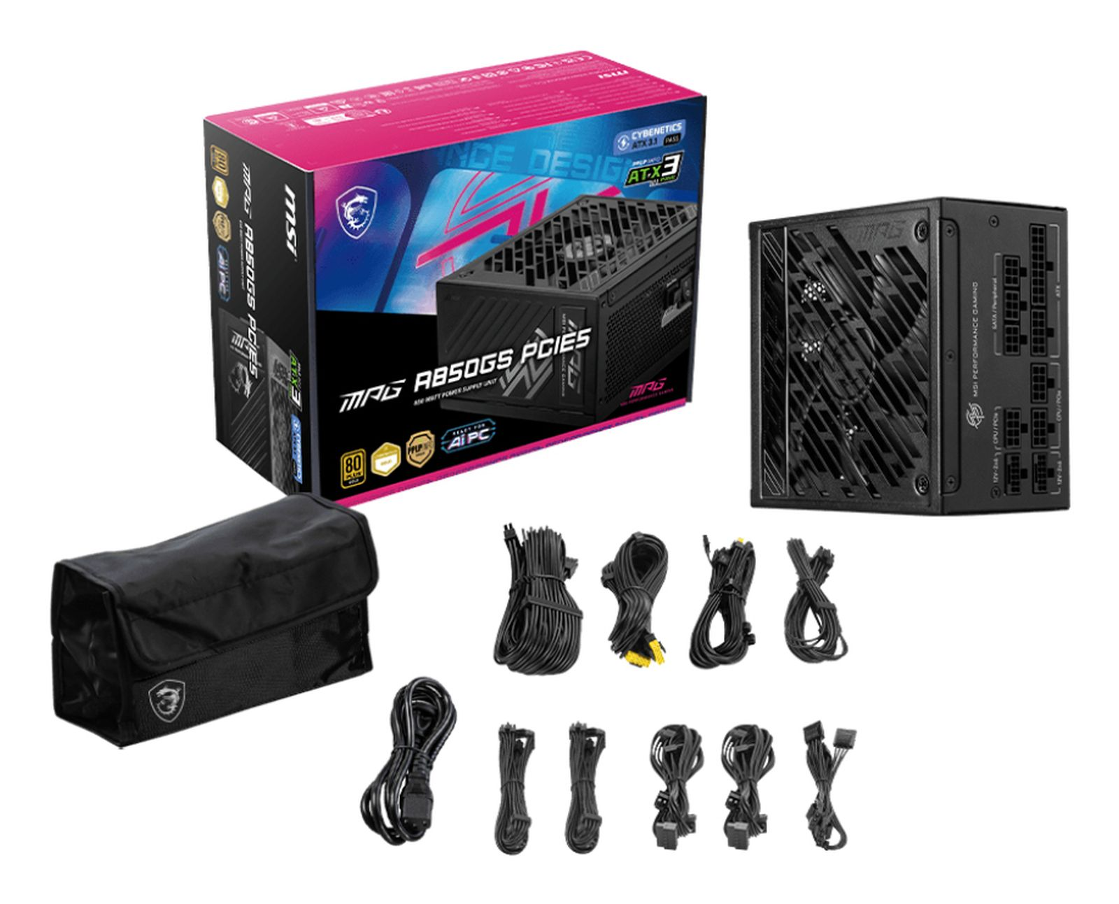 Zestaw komponentów komputerowych, w tym zasilacz, kable i czarna torba, na białym tle.