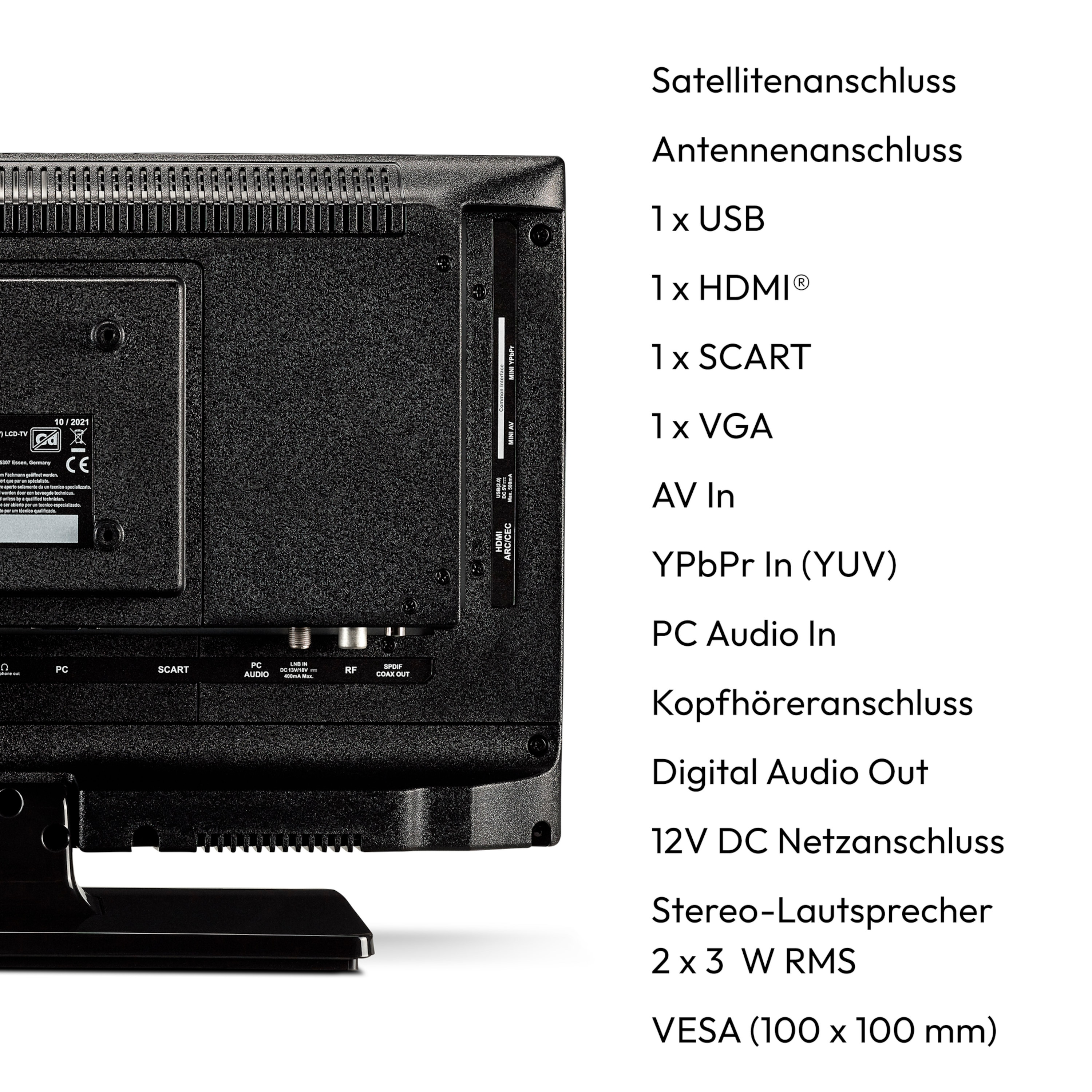 Close-up van de achterkant van een tv, met diverse poorten: USB, HDMI, SCART, VGA, etc.