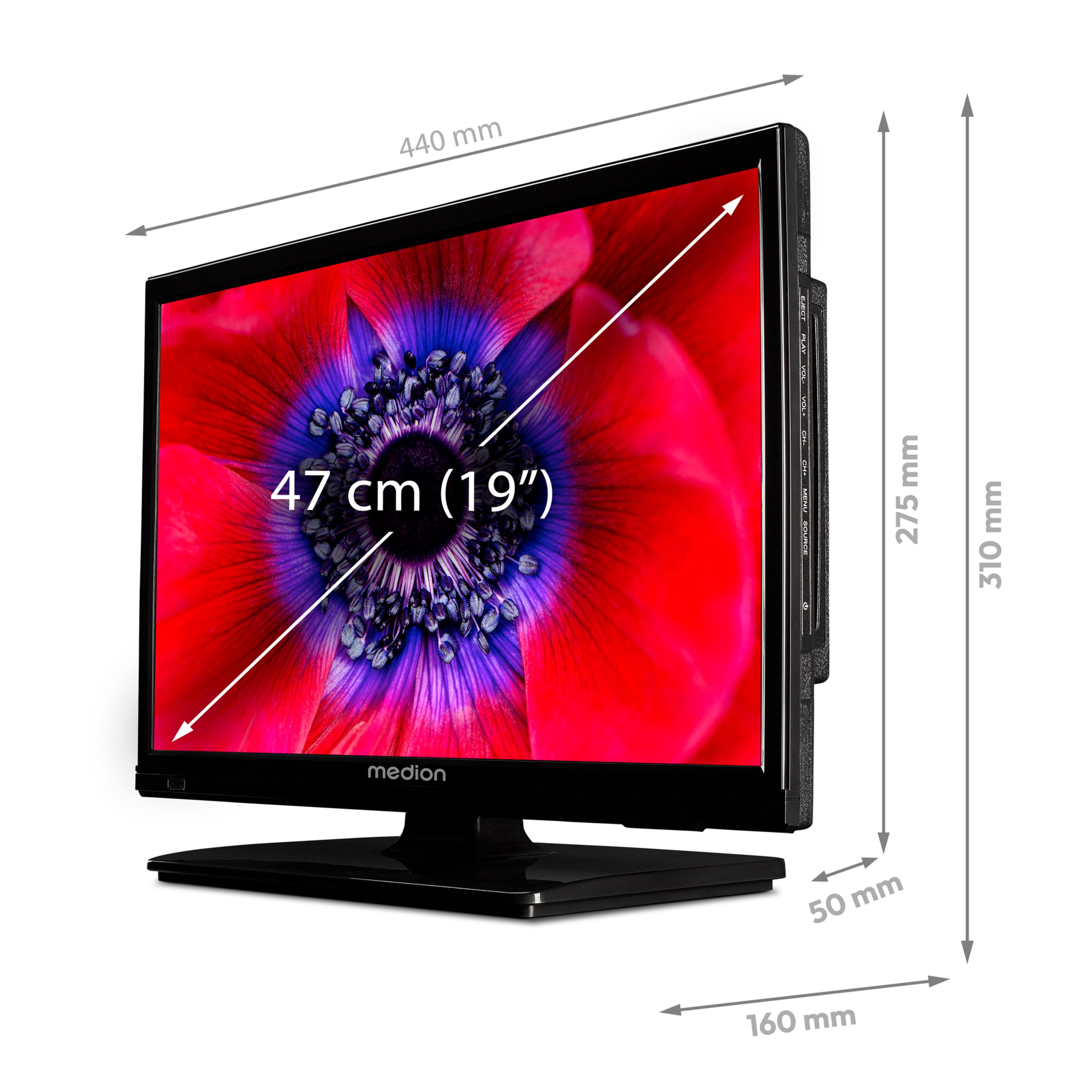 Een Medion TV met afmetingen weergegeven op een rood-zwarte bloemenachtergrond.
