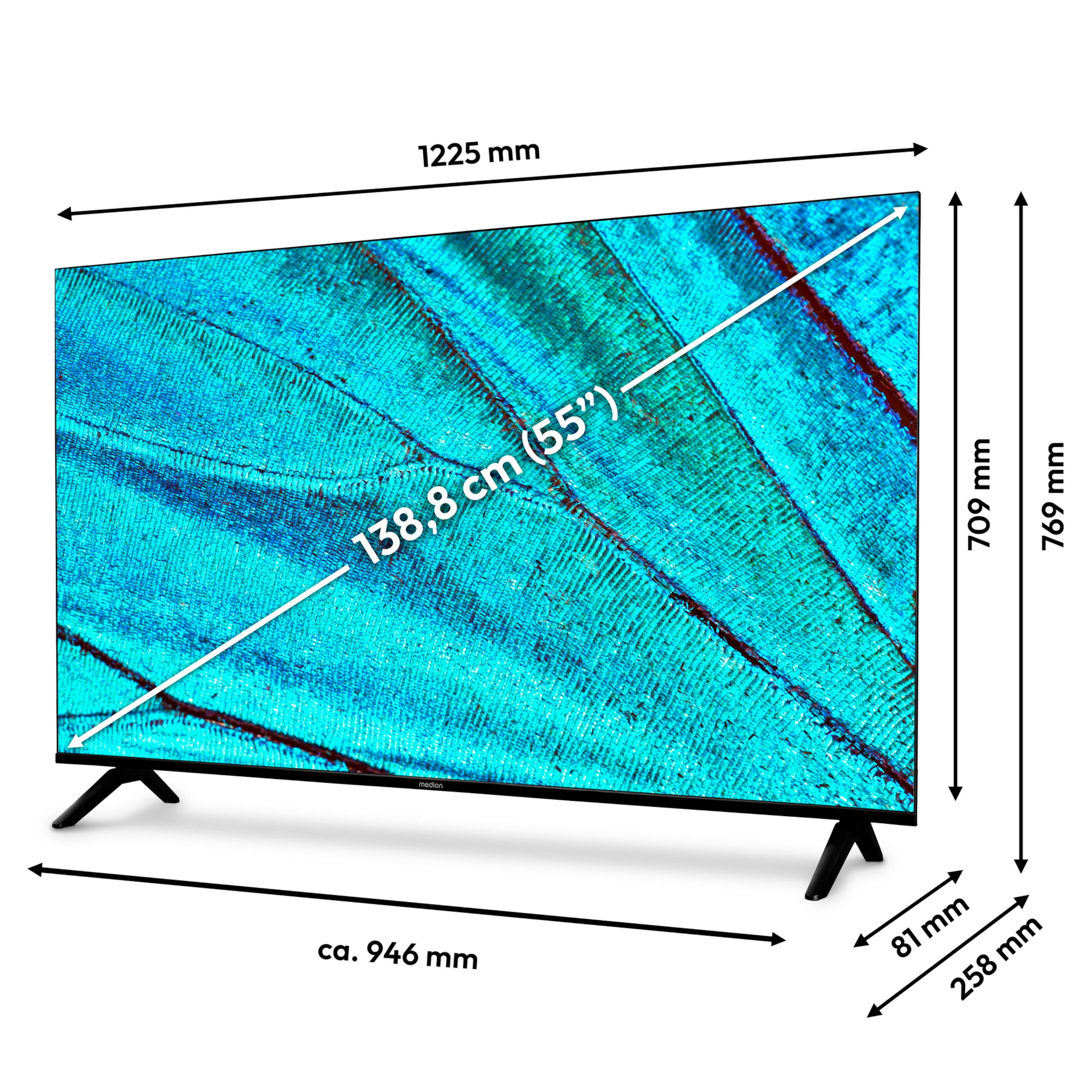 Ein großer Medion-Fernseher mit Abmessungen, die auf einem blauen Schmetterlingsflügelhintergrund überlagert sind.