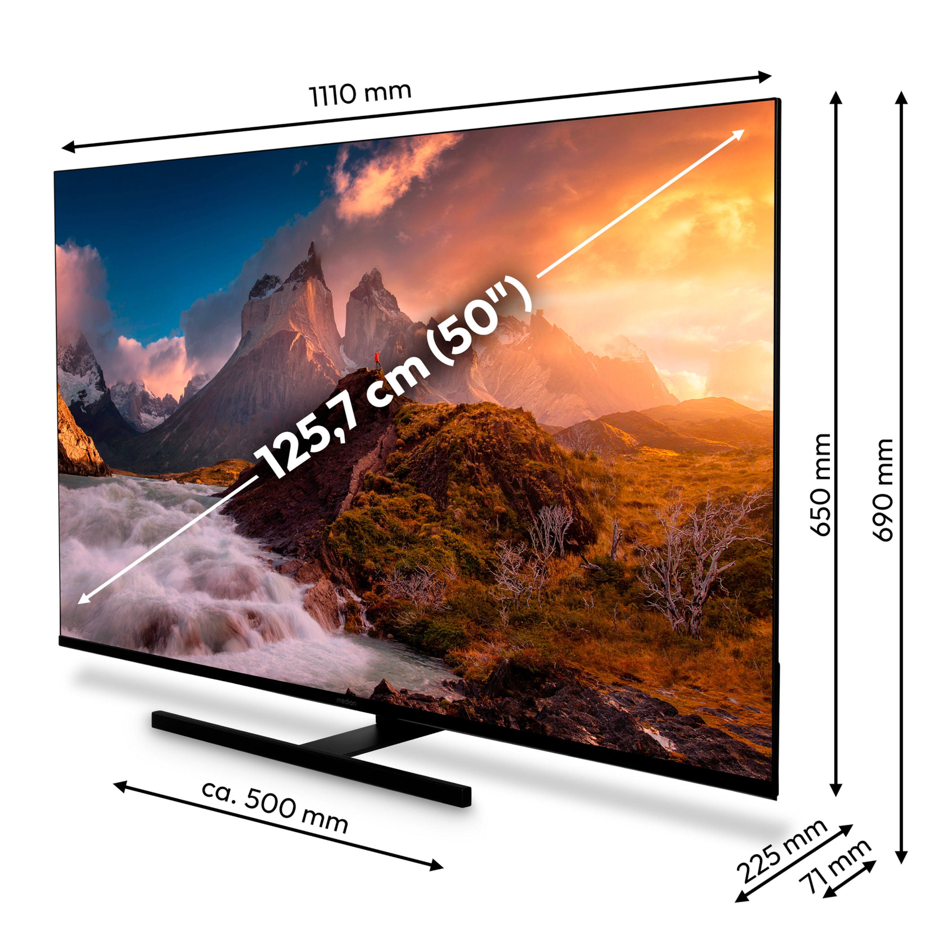 Tv met een landschappelijke achtergrondafbeelding, met afmetingen in mm en cm, met standaard.