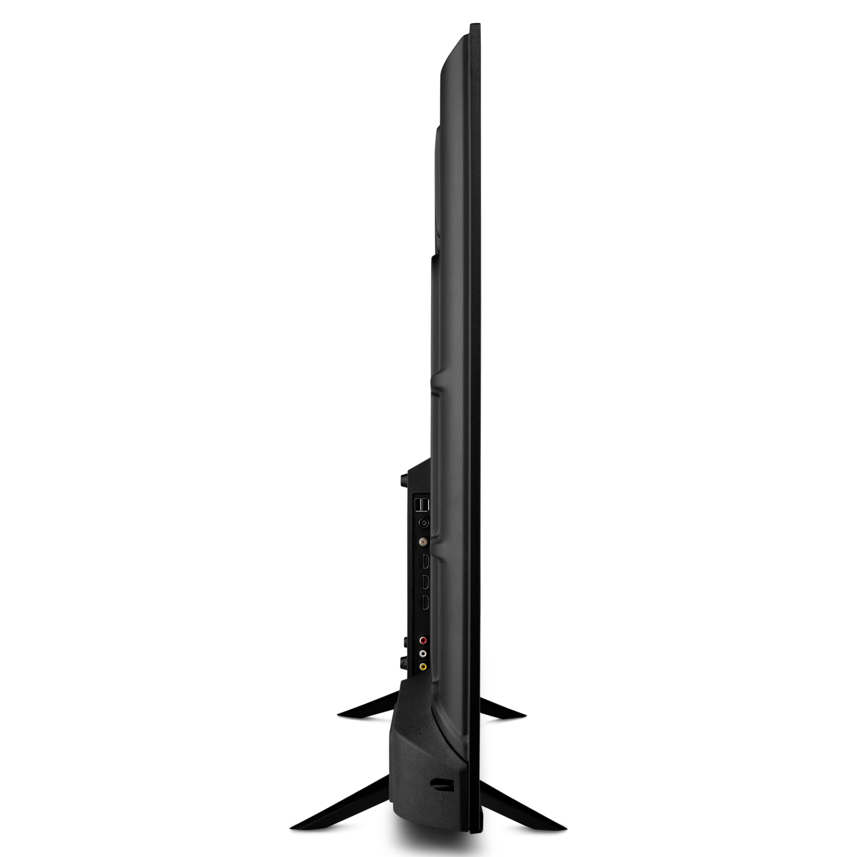 Nahaufnahme der TV-Anschlüsse: Antenne, Satellit, USB, LAN, HDMI, AV-Eingang, Audio.