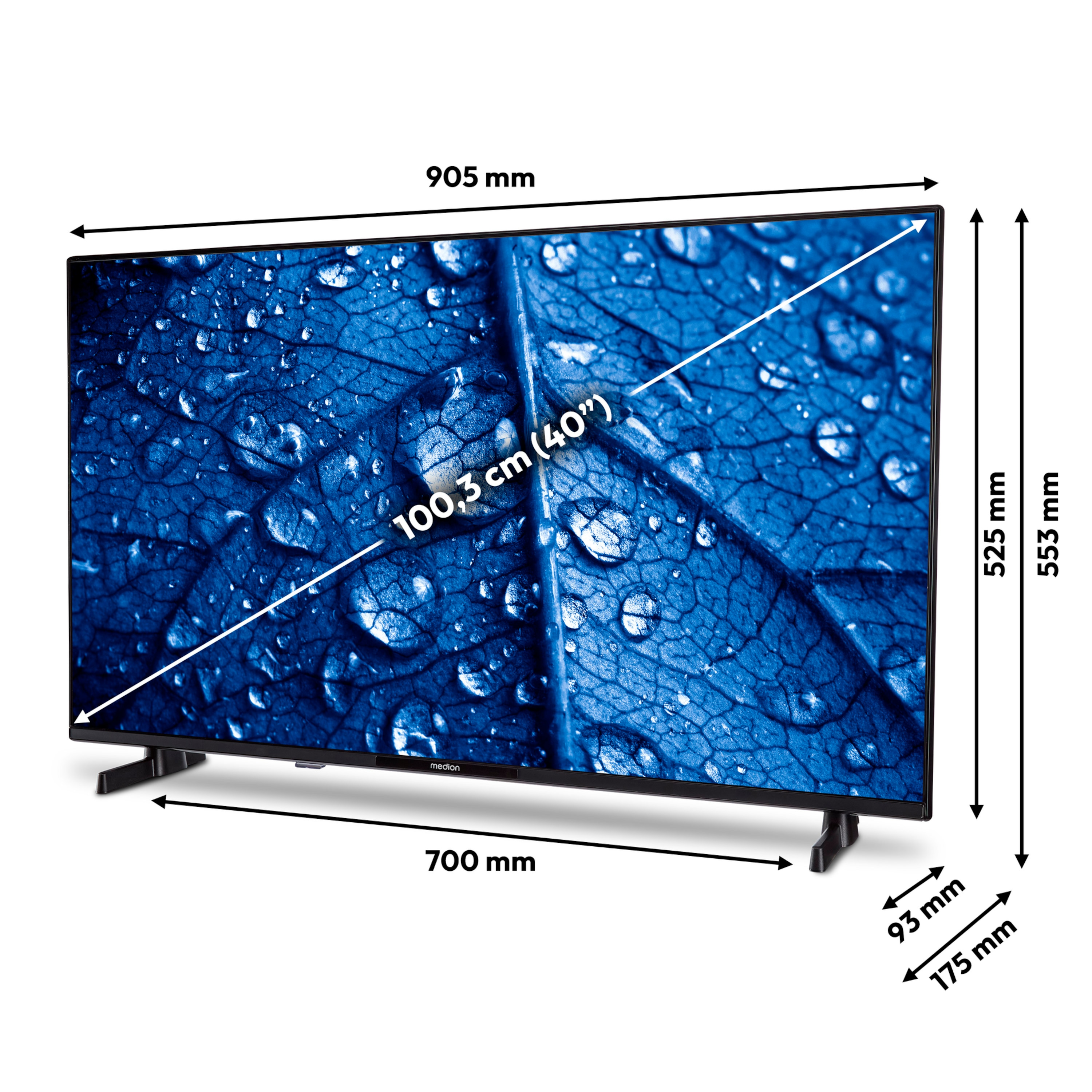 Ein schwarzer Medion-Fernseher mit Abmessungen: 905 mm, 700 mm, 553 mm, 525 mm, 93 mm, 175 mm. Der Bildschirm ist ein blaues Blatt.