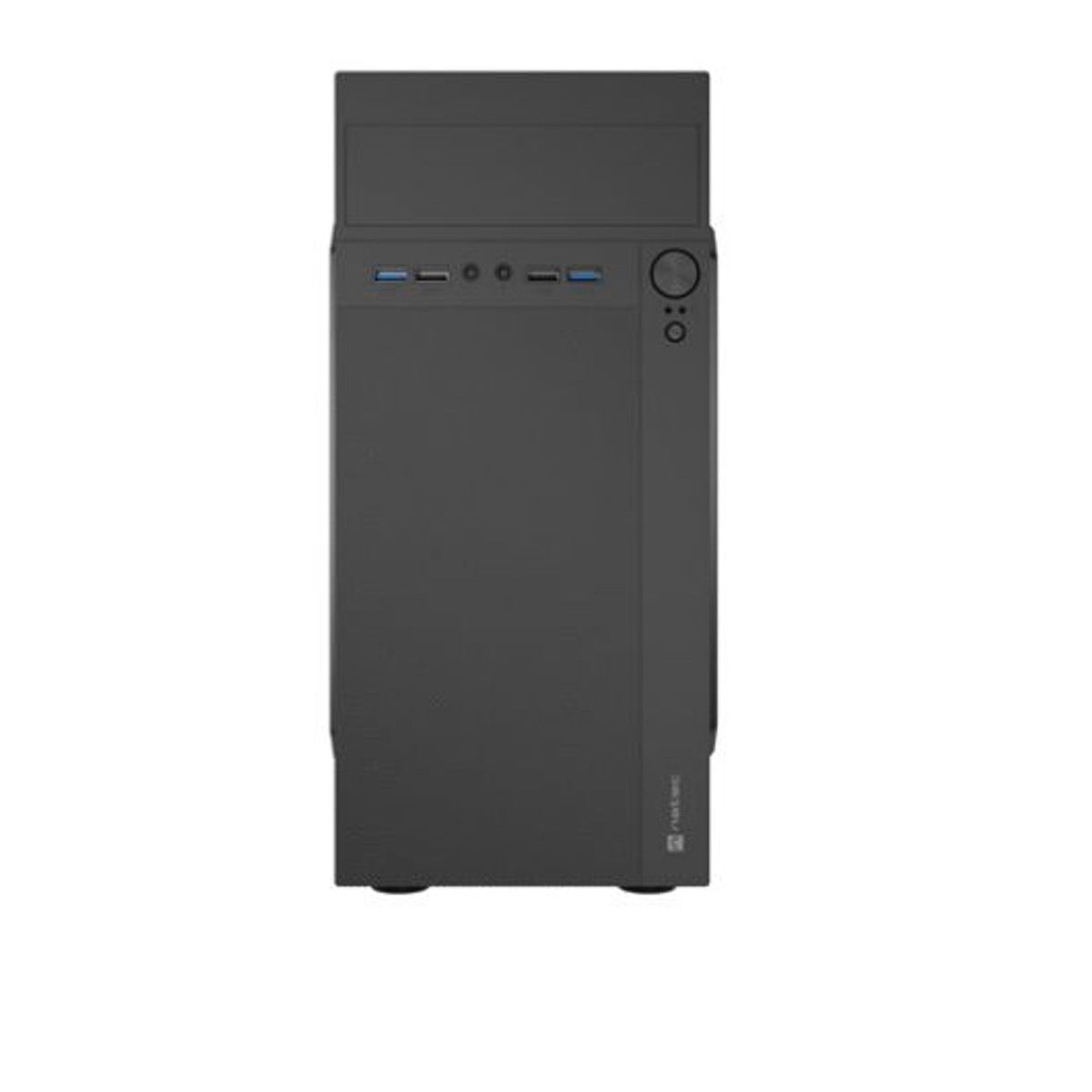 Czarna obudowa komputera o eleganckim designie. Ma porty, przyciski i przycisk zasilania. Tło jest białe.