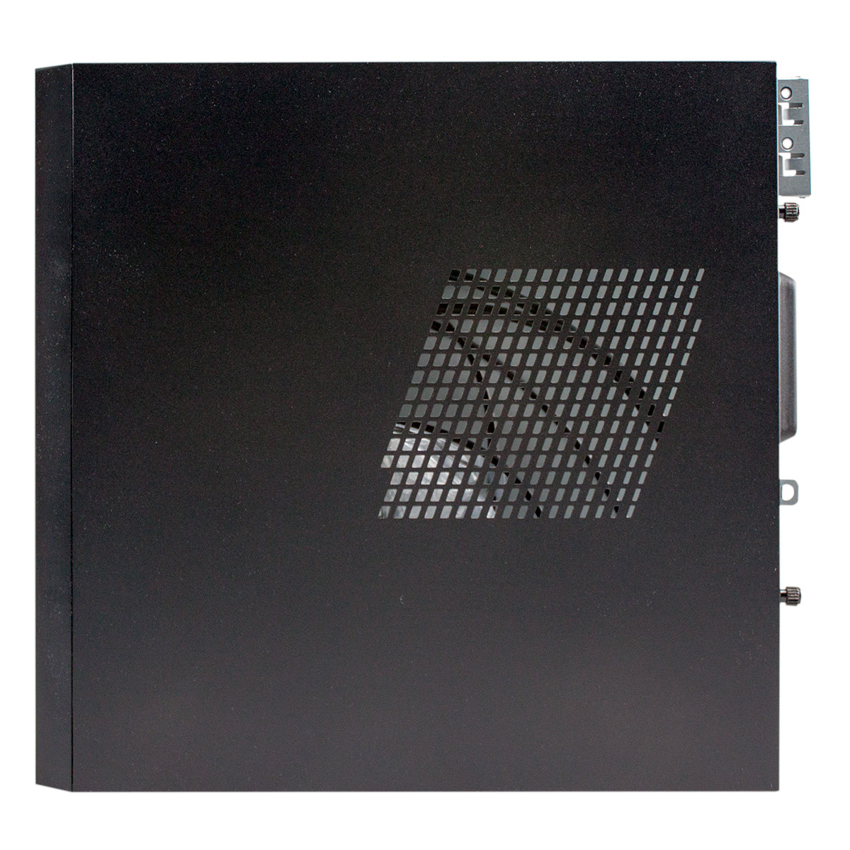 Czarny bok obudowy komputera z wentylacją. Tło jest białe.