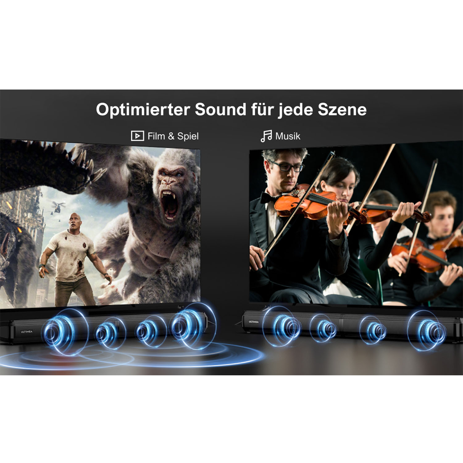 Soundbar mit zwei Bildschirmen, einer mit Filmszene, der andere mit Geigenspielern.