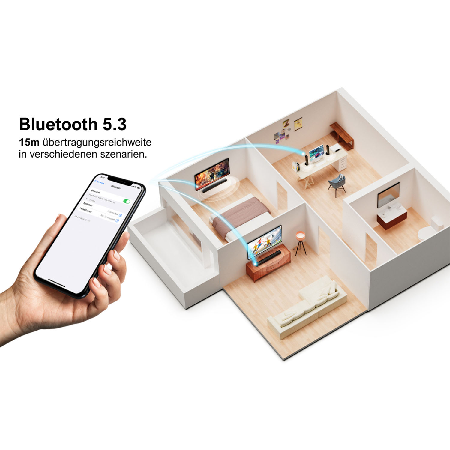Eine Person, die ein Telefon hält und Bluetooth 5.3-Konnektivität in einem Hauslayout zeigt.