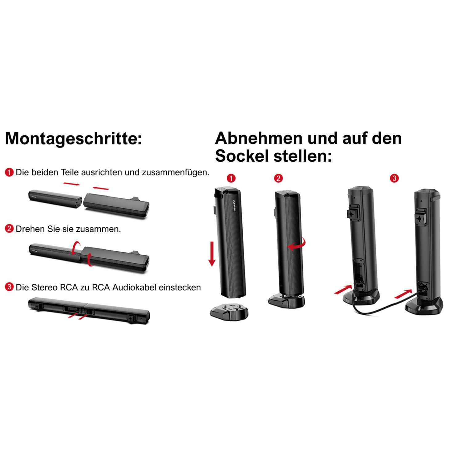 Montageschritte für Lautsprecher: Ausrichten, Verdrehen und Anschließen an ein Cinch-Kabel.