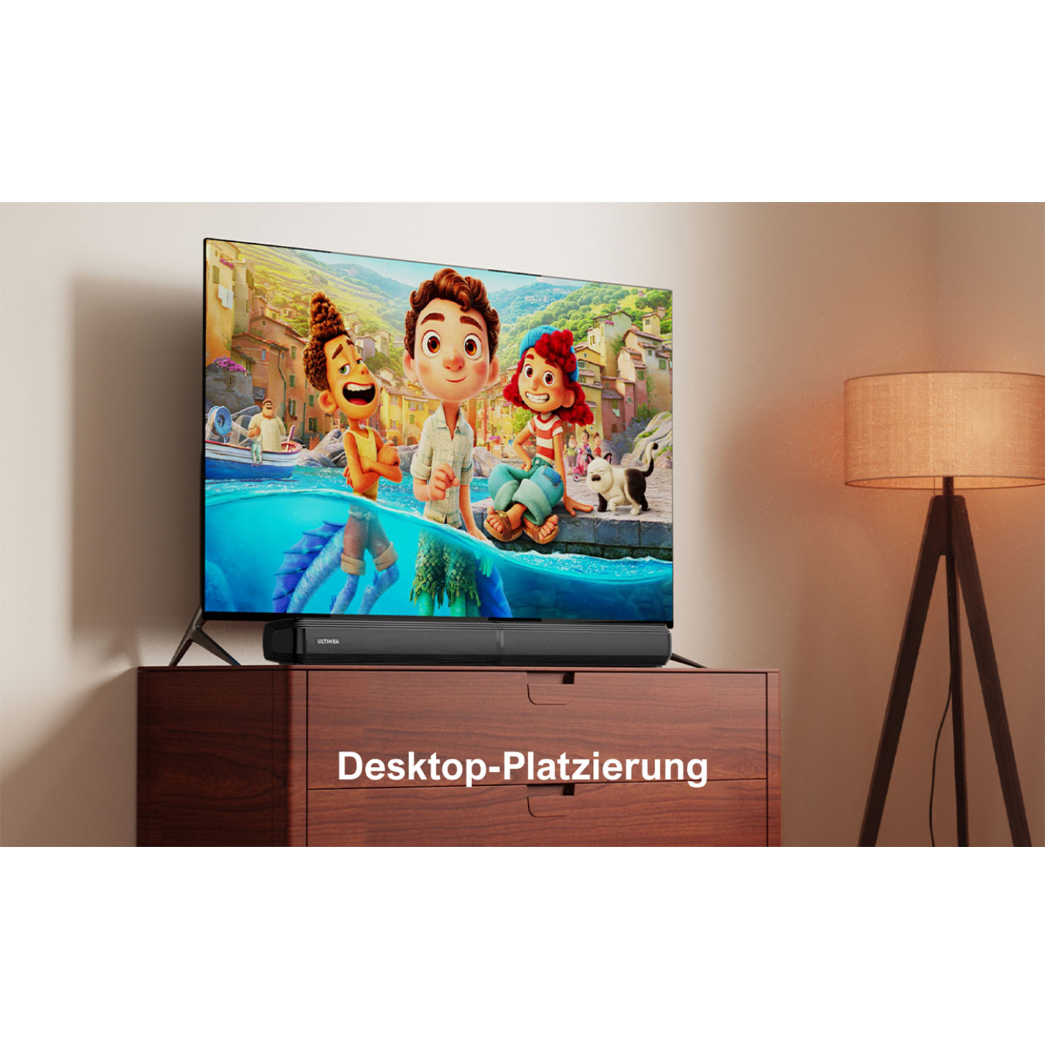 TV auf einem Holzschrank, der eine Animation zeigt. Eine Soundbar vor dem TV.