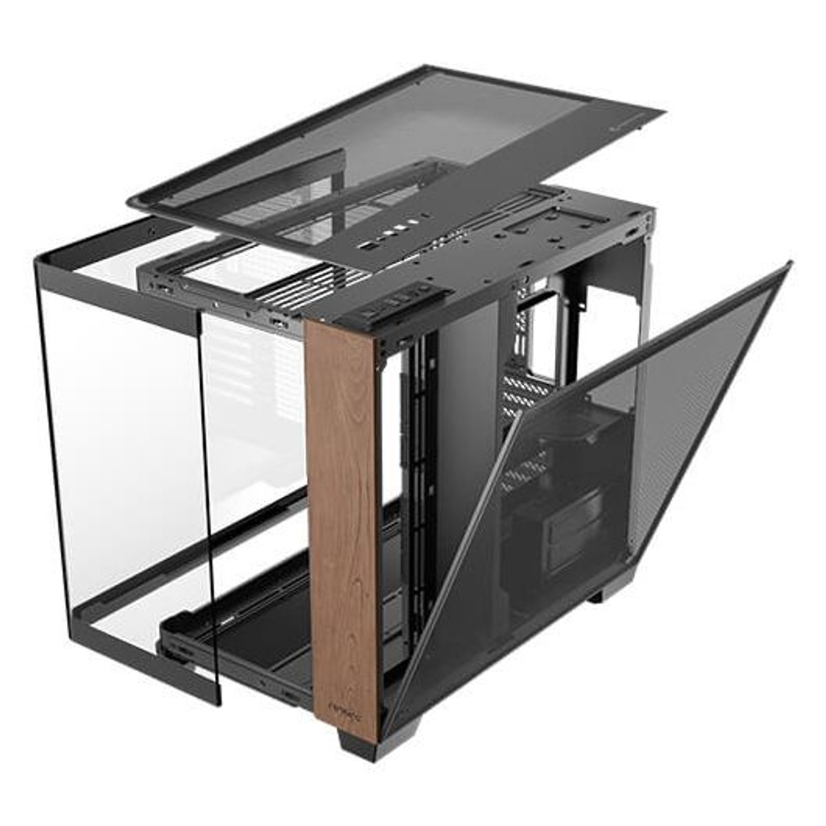 Wyświetlane są komponenty obudowy komputera, z panelami szklanymi i drewnianymi akcentami.