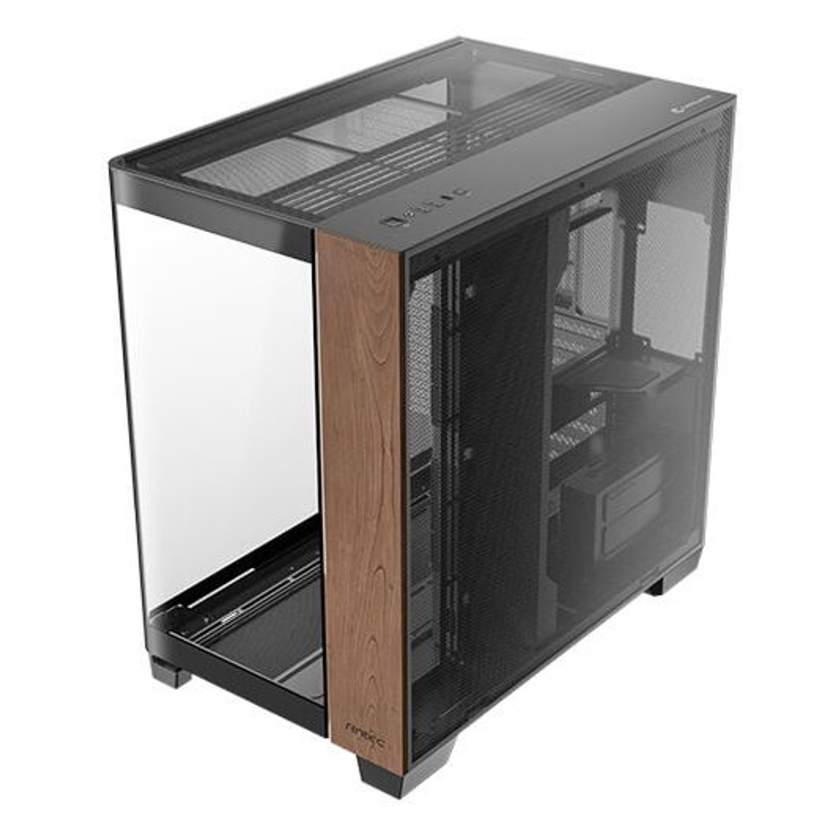 Zmontowana obudowa komputera z szklanym panelem bocznym i drewnianym panelem przednim.