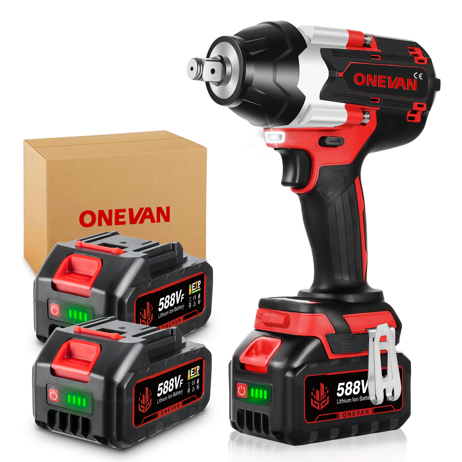Ein rot-schwarzer Onevan-Schlagschrauber neben zwei Batterien und einer Box.
