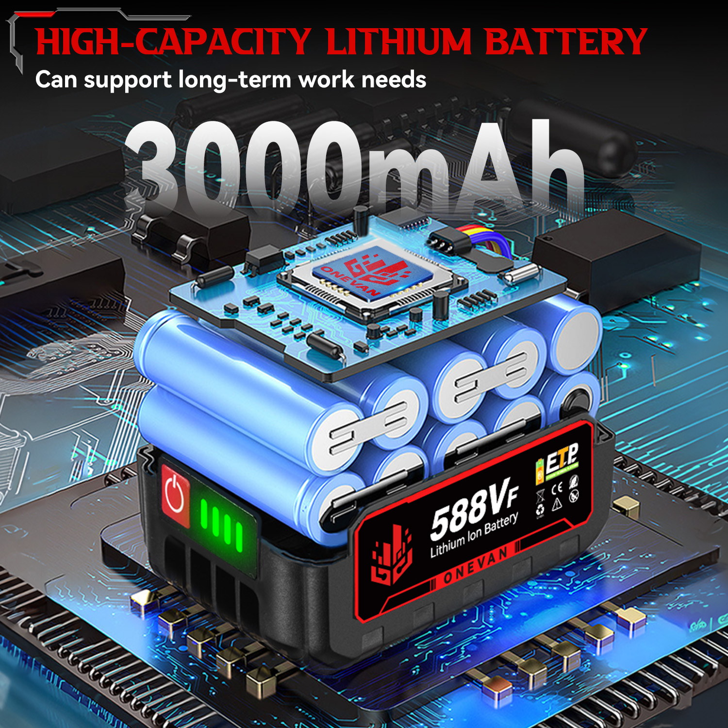 Nahaufnahme eines Lithium-Ionen-Akkupacks. Details umfassen Batteriezellen, Leiterplatte und Spannungsausgangsinformationen.