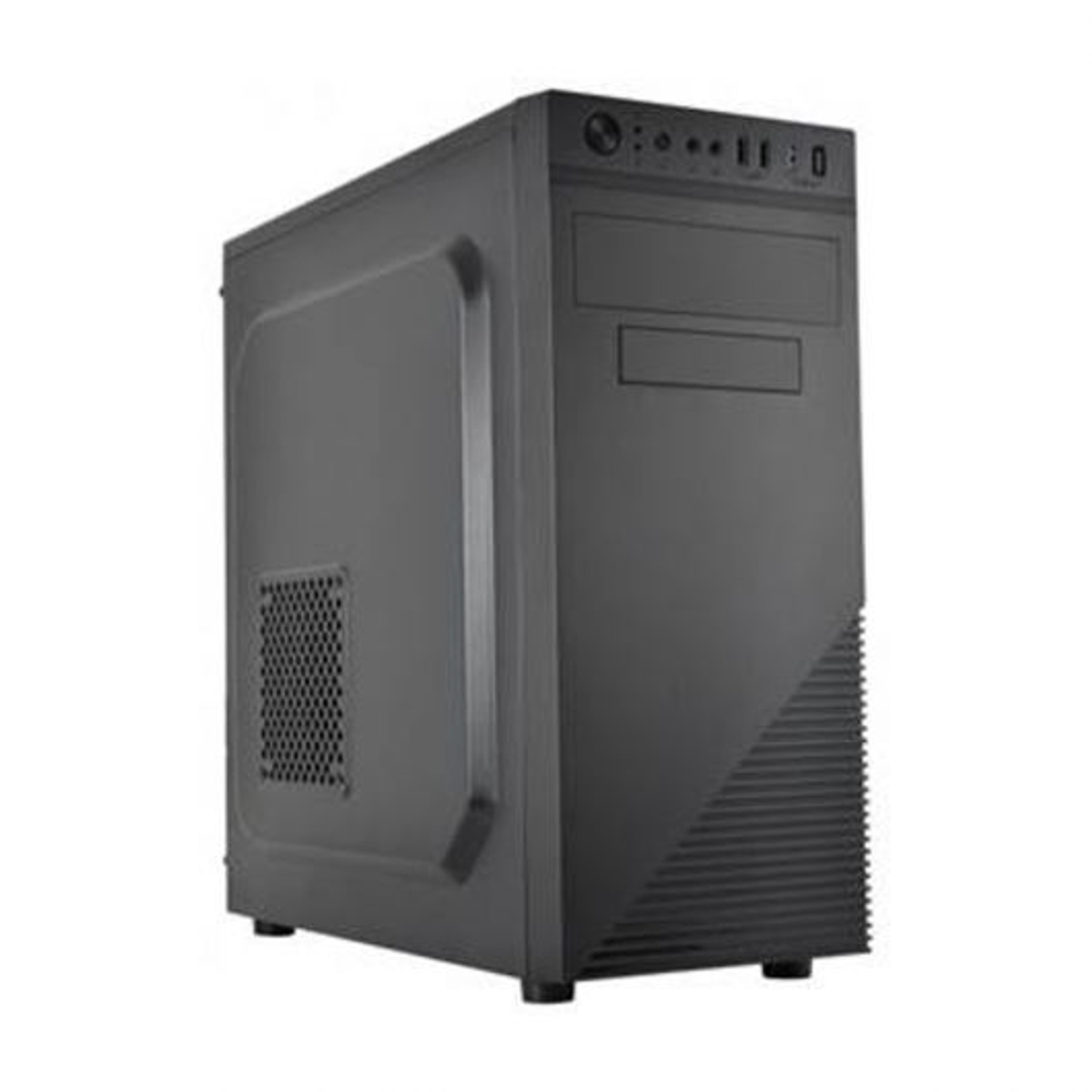 Un case per computer nero su sfondo bianco, che mostra il pannello frontale e il lato.