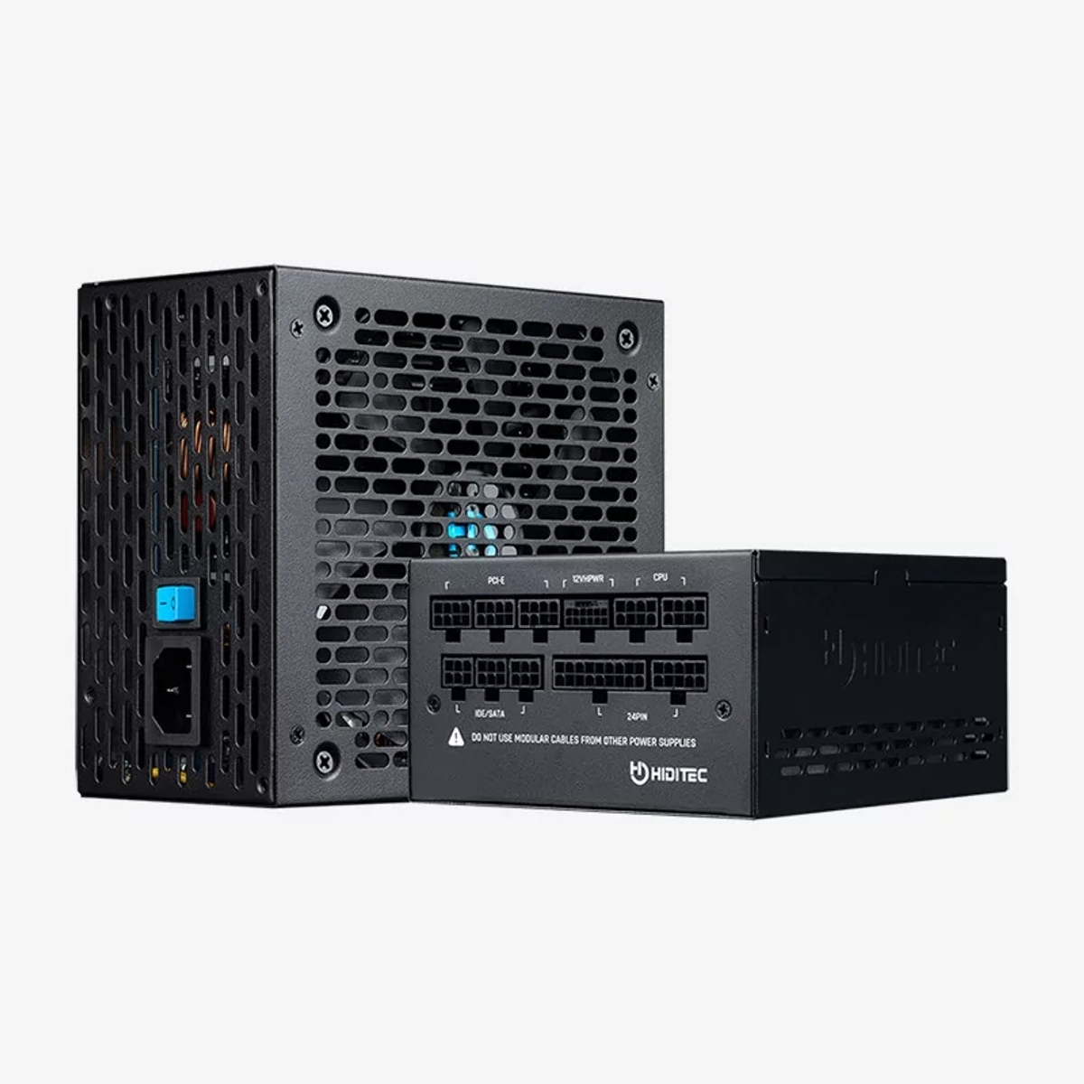 Un alimentatore nero per computer, con connettori modulari e un'unità più piccola collegata.