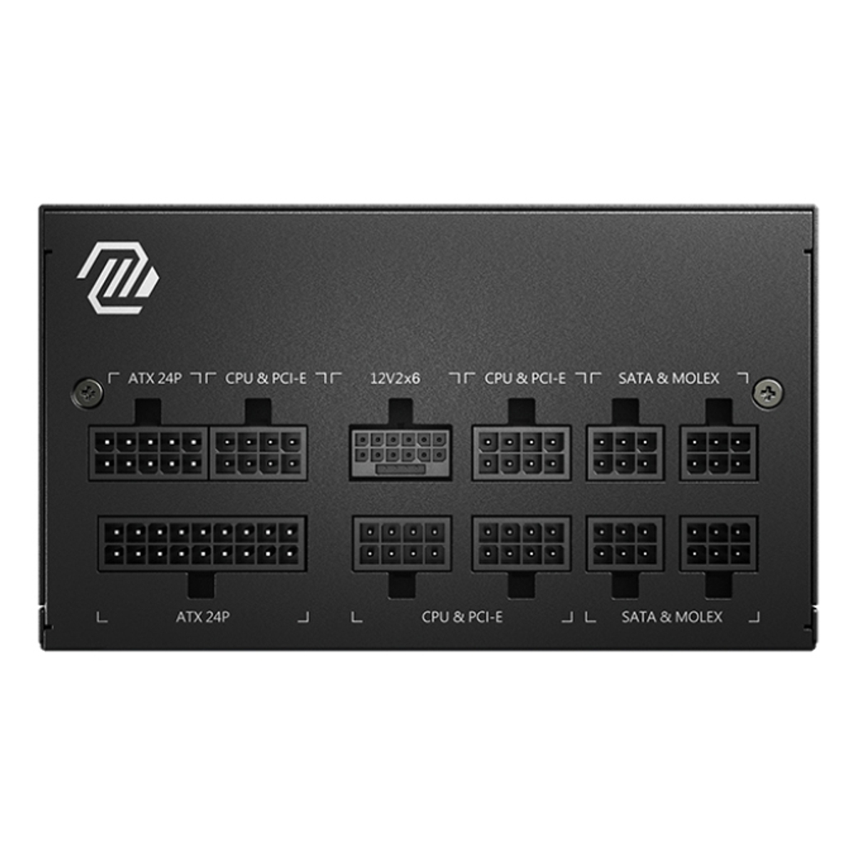 Widok z bliska na tył zasilacza ze złączami do różnych kabli.