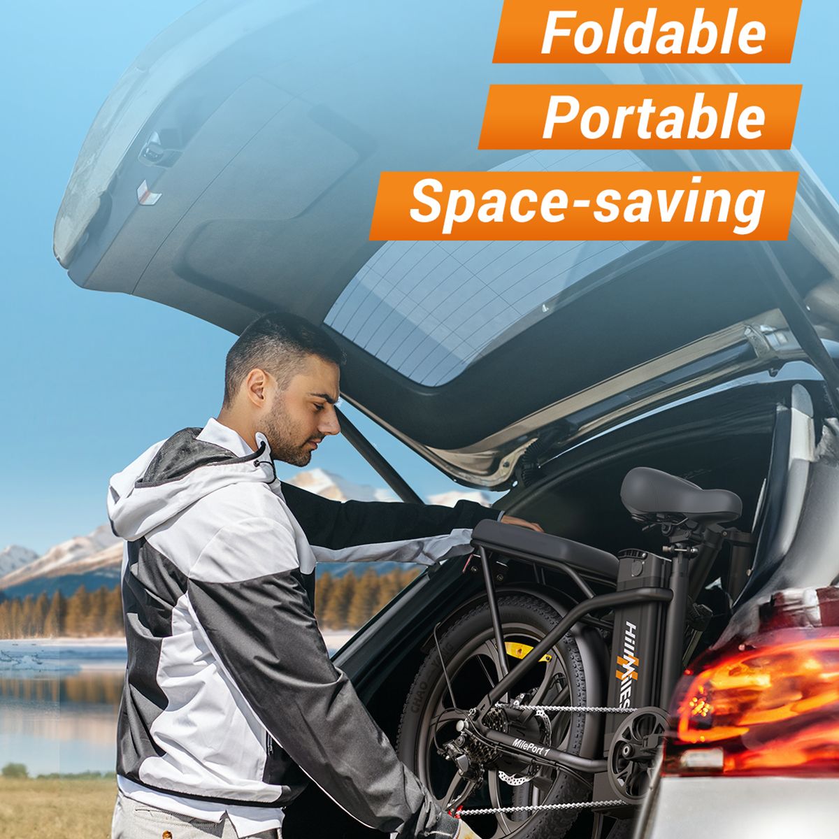 Mężczyzna ładuje różowy rower elektryczny do samochodu. Tekst: 'Składany, Przenośny, Oszczędność miejsca'.