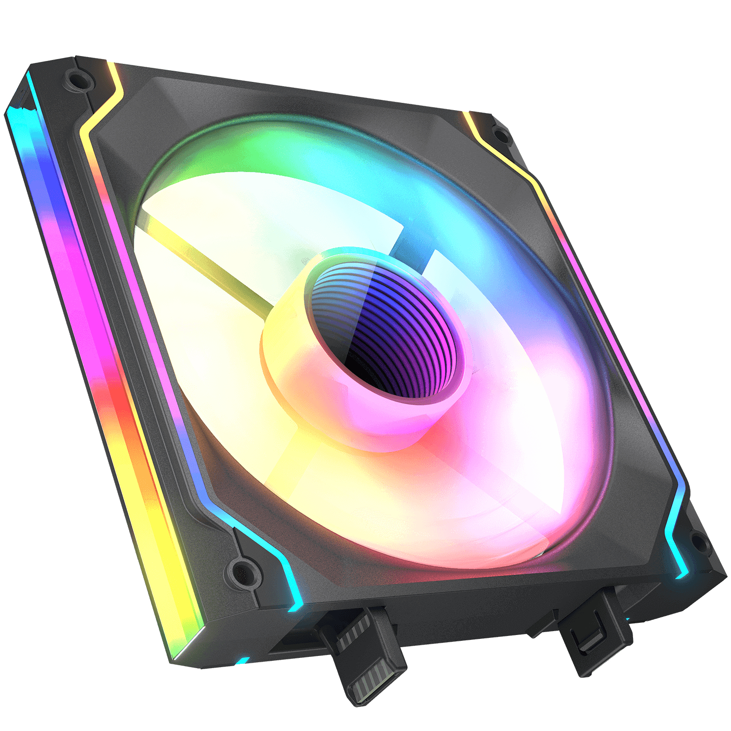 Ventilador de PC negro con iluminación RGB colorida y centro brillante.