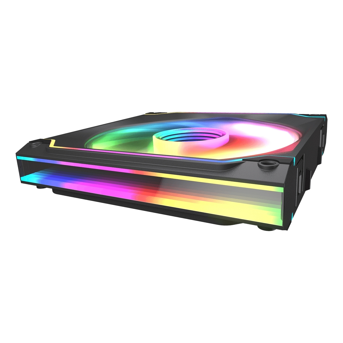 Ventola per PC nera con luci RGB. Pale e telaio visibili. Colori vivaci. Vista da un'angolazione bassa.