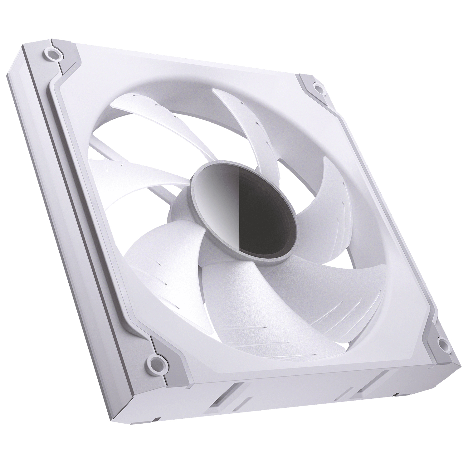 Ventilador de PC blanco. Aspas y marco visibles. Centro gris. Vista en ángulo.