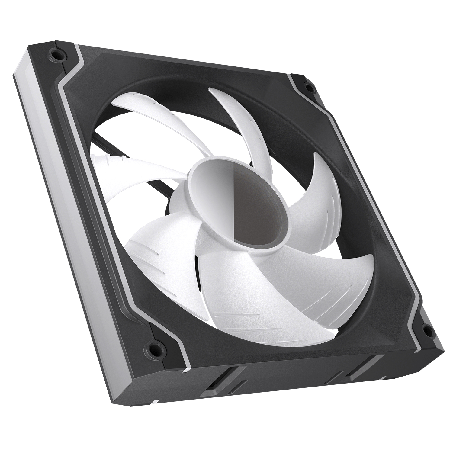 Ventilador de PC con marco negro y aspas blancas.