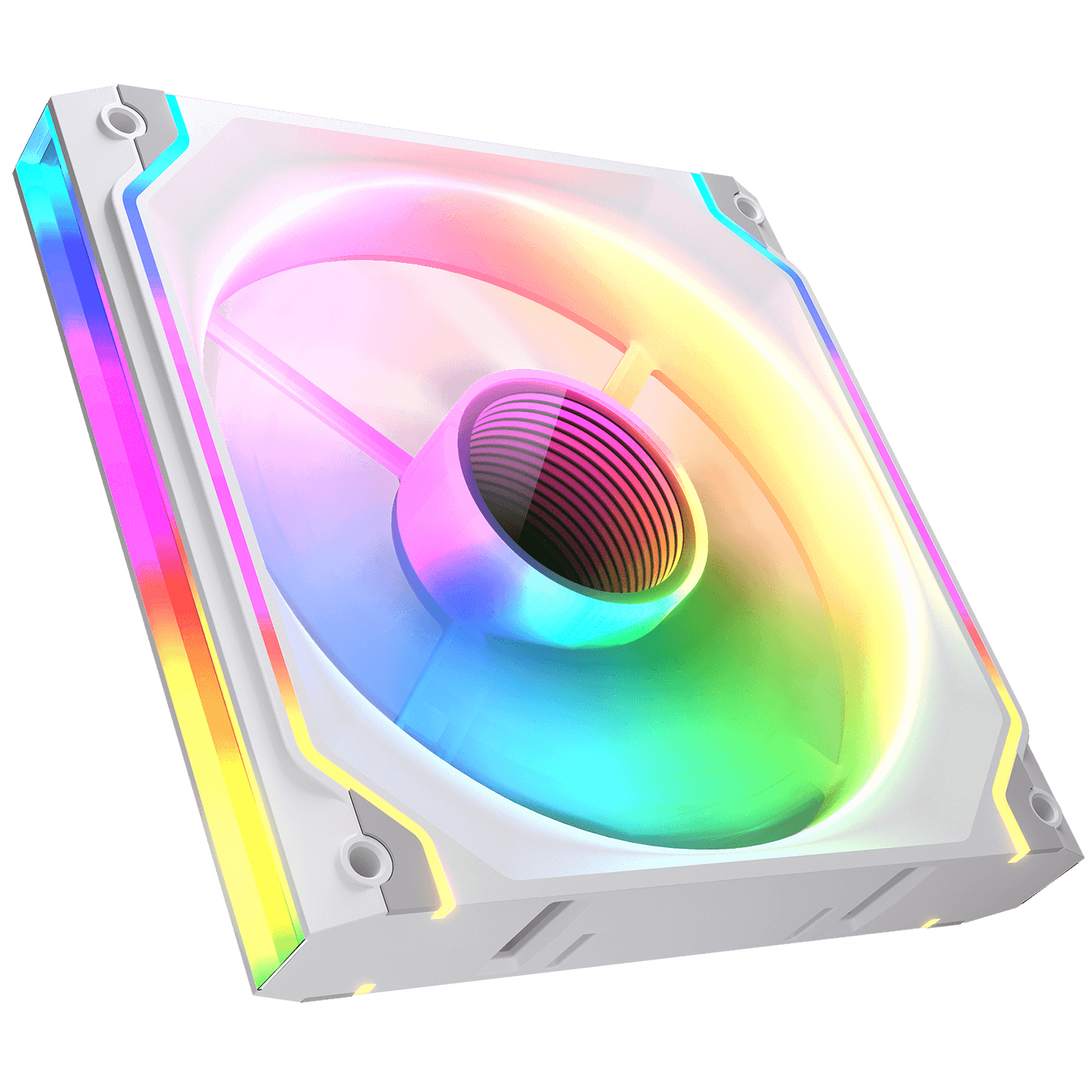 Ventilador de PC blanco con luces RGB. Aspas y marco visibles. Colores brillantes. Vista en ángulo.