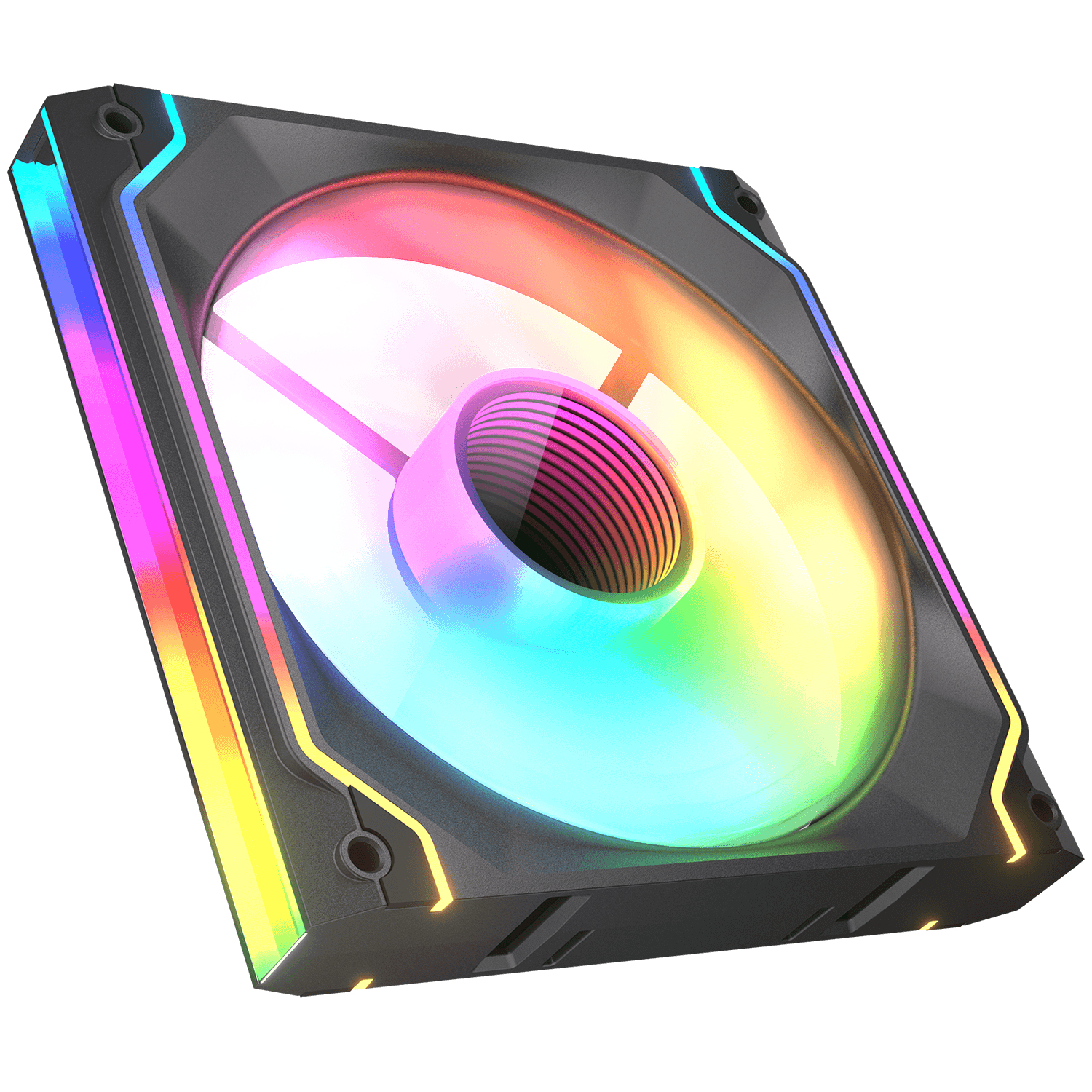 Ventilador de PC negro con luces RGB. Aspas y marco visibles. Colores brillantes. Vista en ángulo.