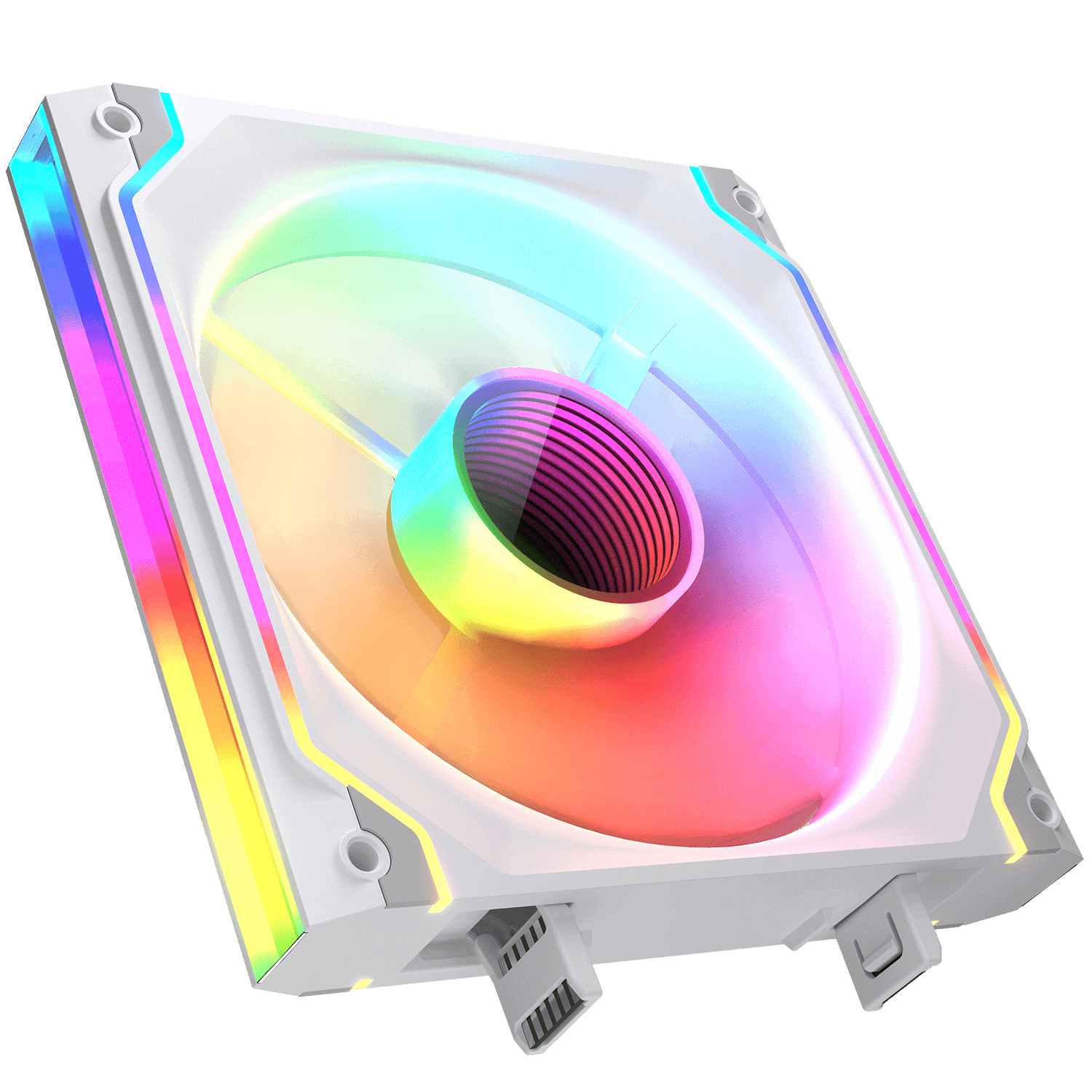 Ventilador de PC blanco con luces RGB. Aspas y marco visibles. Colores brillantes. Vista en ángulo.
