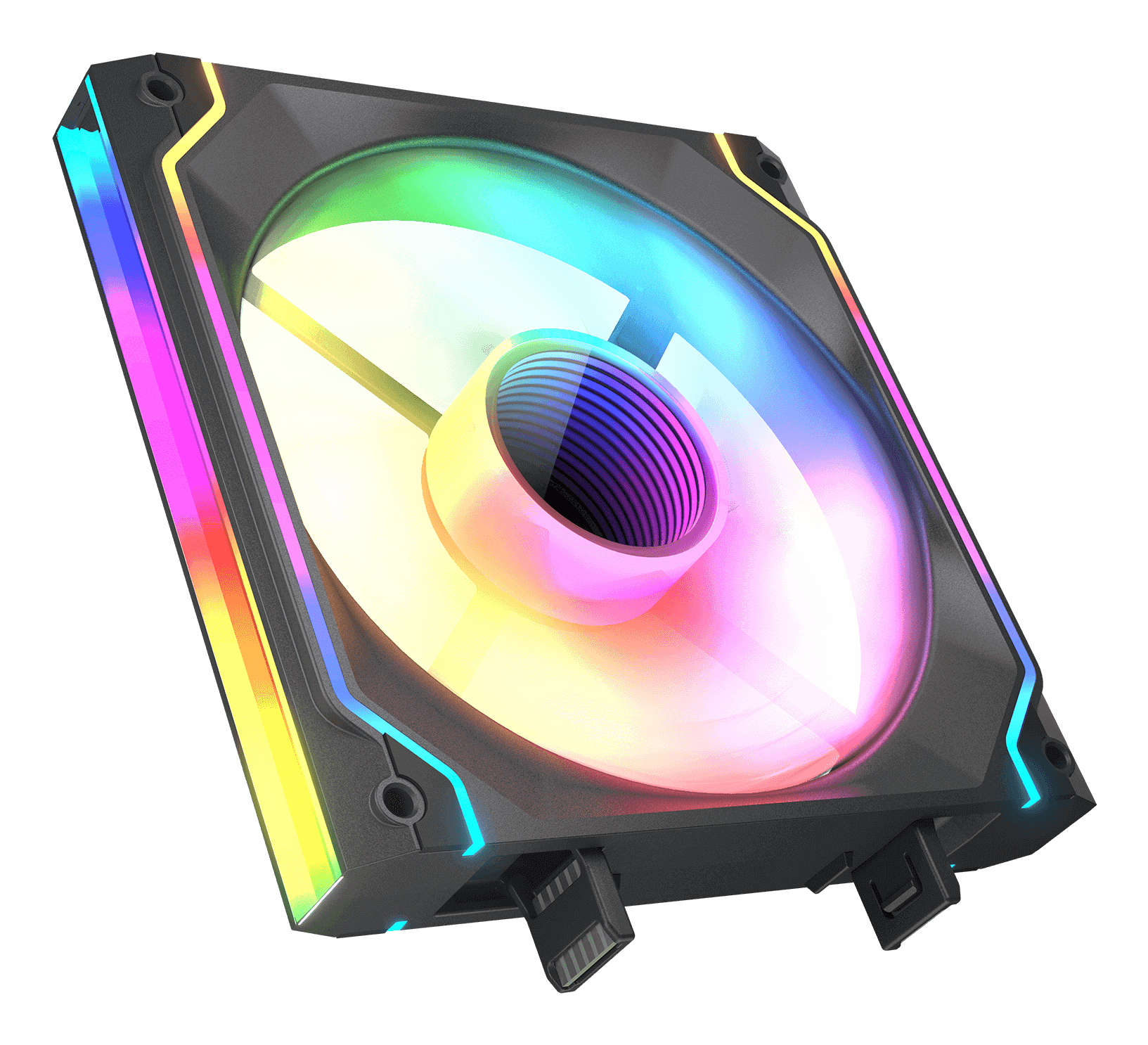 Ventola per PC nera con illuminazione RGB colorata e centro lucido.