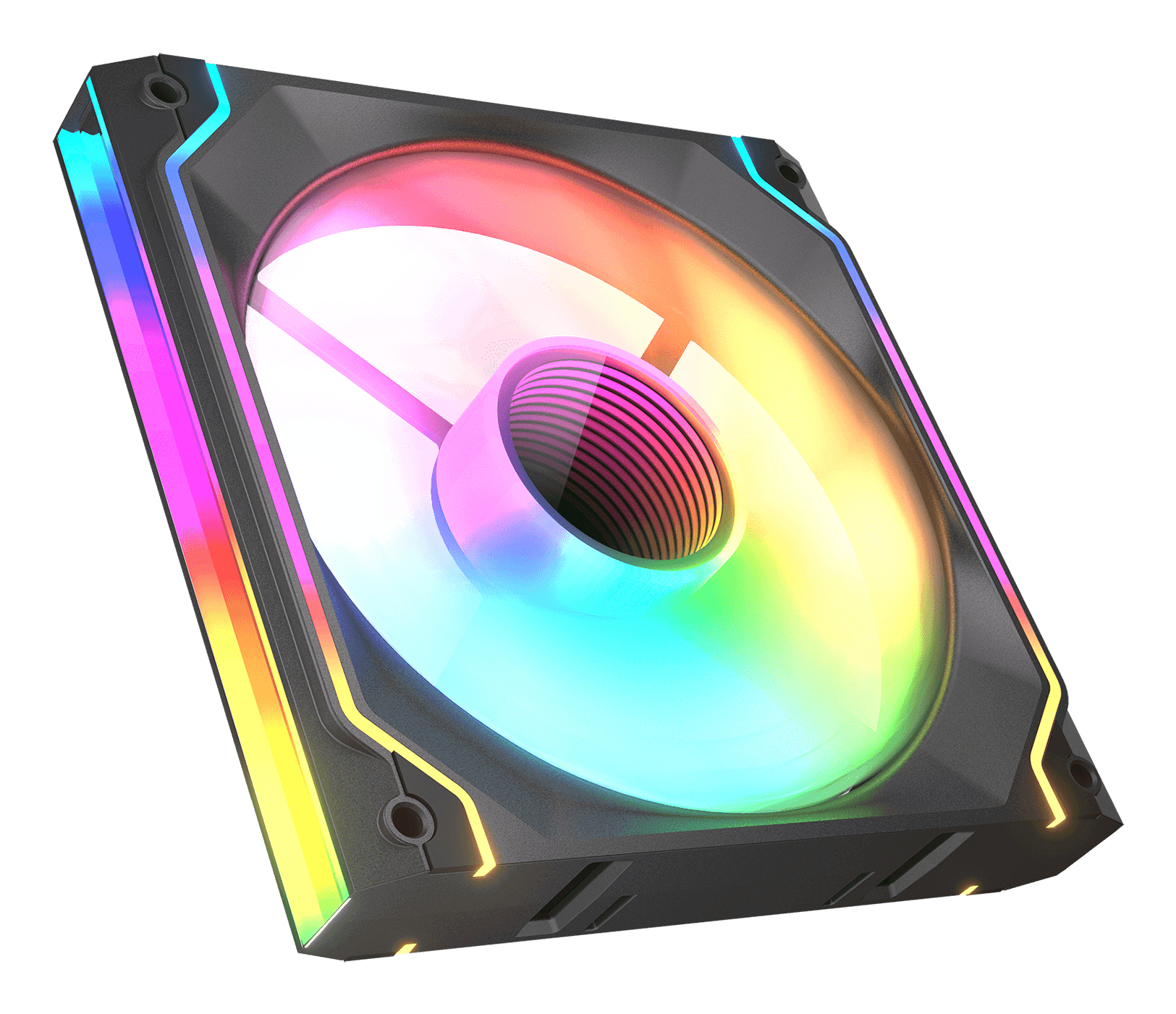 Ventola per PC nera con luci RGB. Pale e telaio visibili. Colori vivaci. Vista angolata.