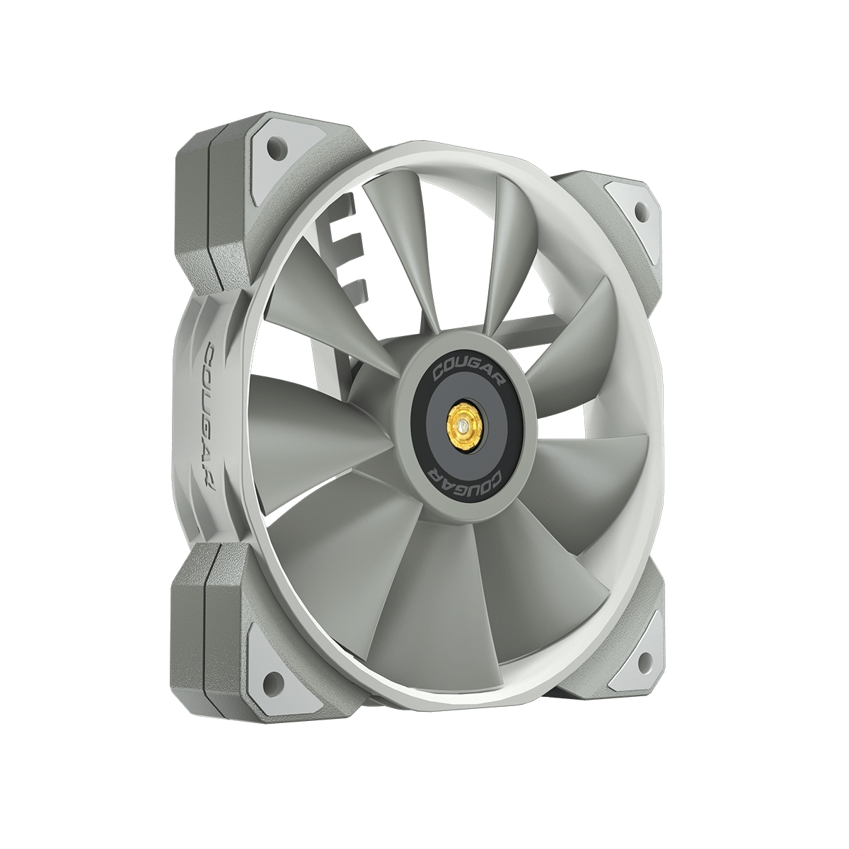 Gros plan d'un ventilateur d'ordinateur gris avec des pales grises, un cadre blanc et un centre doré.