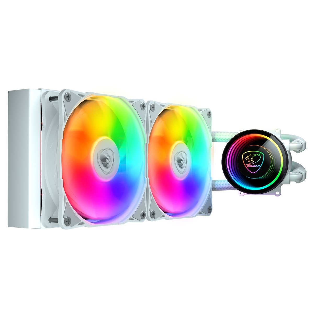 Ein weißer PC-Kühler mit zwei Lüftern, jeder mit bunten Lichtern. Ein dritter Teil mit kreisförmigem Design.