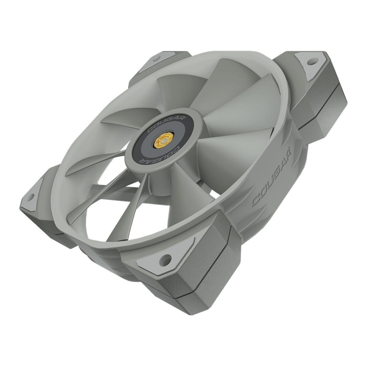 Un ventilateur d'ordinateur incliné vers le haut. Pales, cadre et coins de montage gris avec le logo COUGAR.