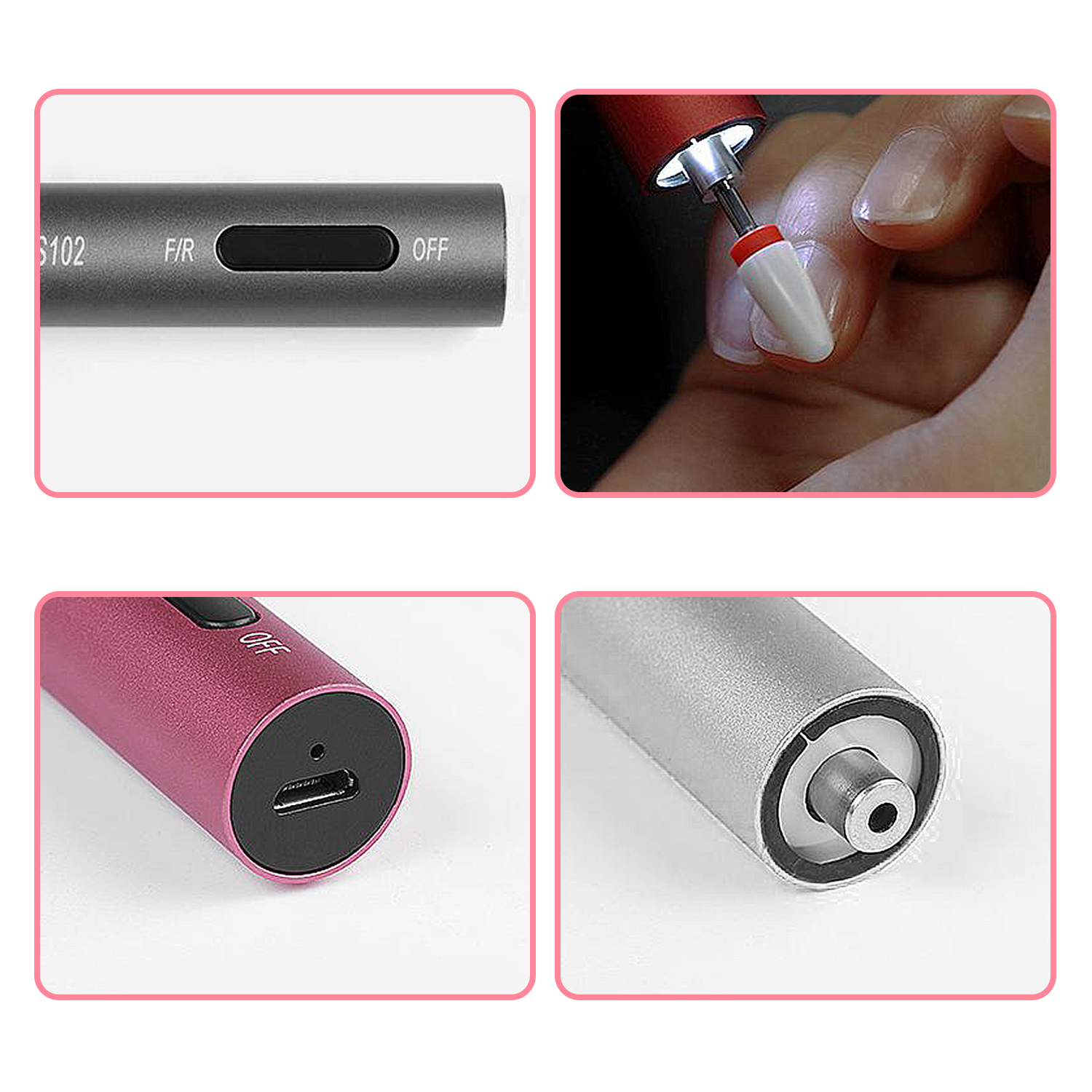 Nahaufnahmen eines Nagelbohrers, die verschiedene Teile zeigen, darunter der Ein-/Ausschalter, USB-Anschluss und der Bohrer.