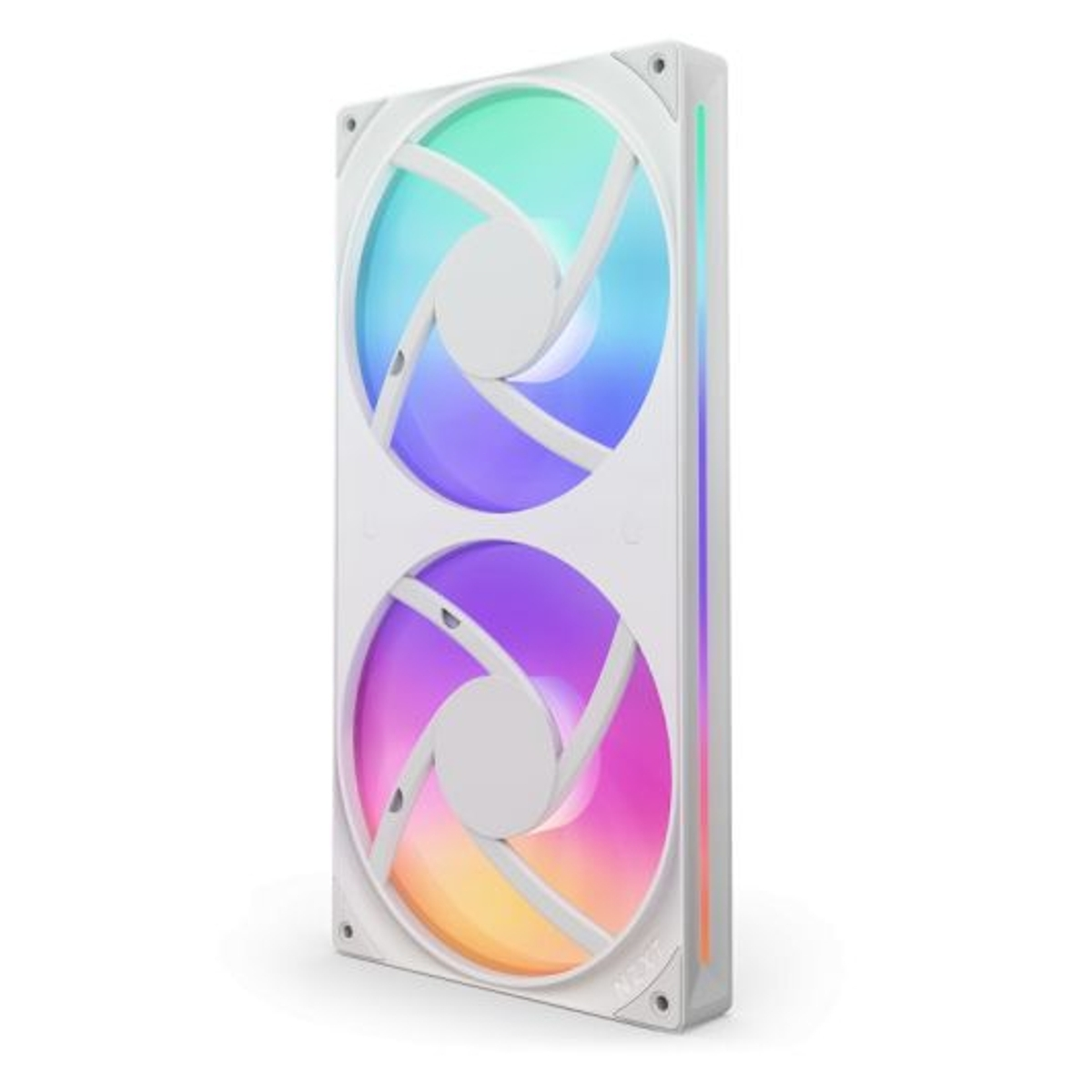 White fan with two spinning blades, colorful lights. White frame.