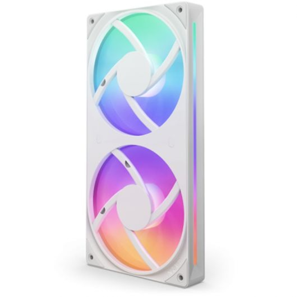 Ventilateur PC blanc avec deux lumières RVB circulaires. Quatre trous de vis et cadre blanc.