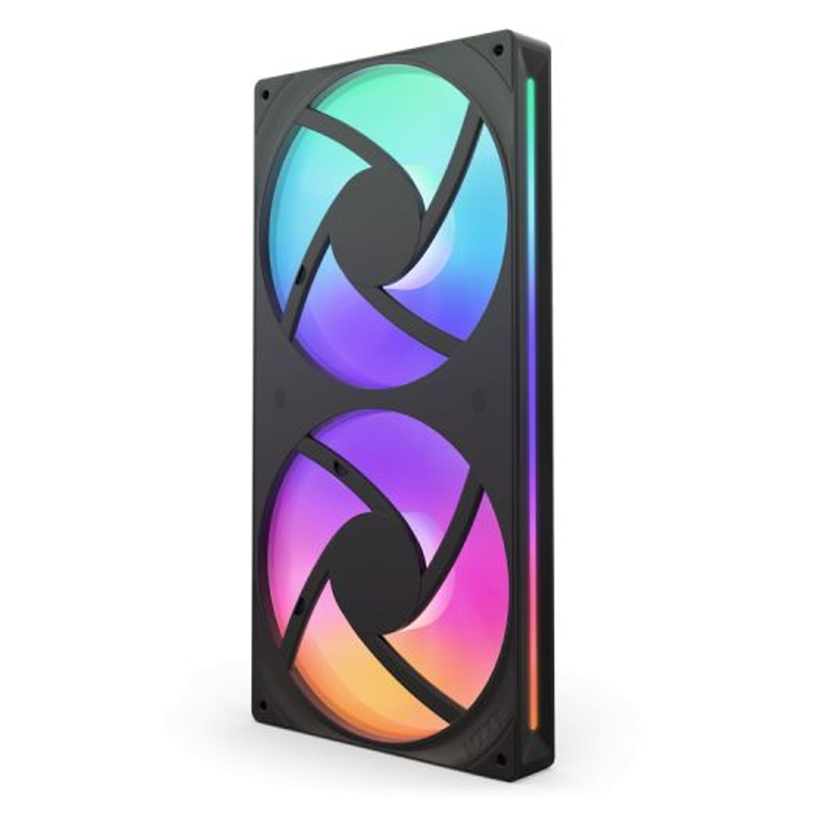 Ventilateur noir avec deux pales rotatives, lumières colorées. Cadre noir.