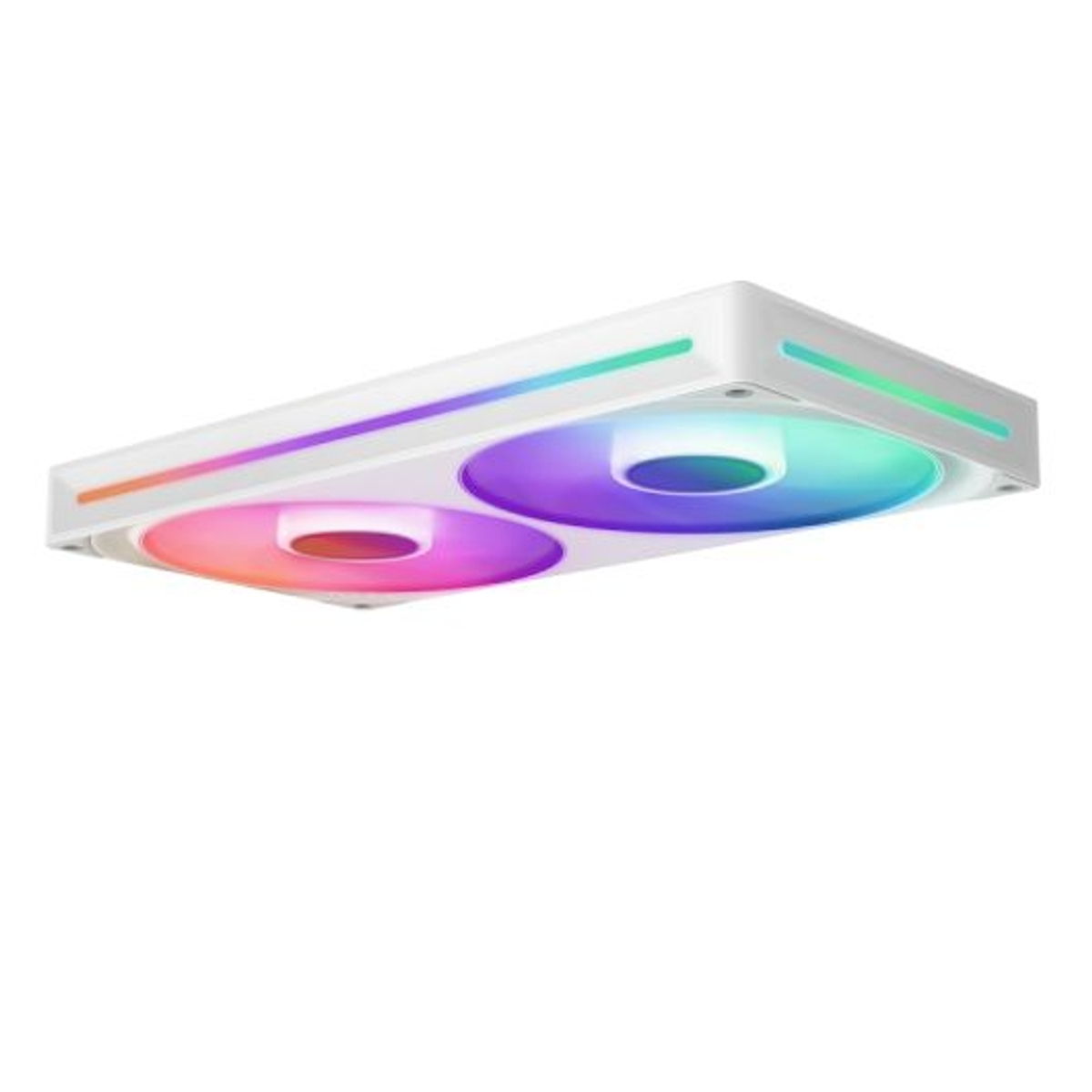White PC fan with two RGB lights. The fan is rectangular with four screw holes at each corner.